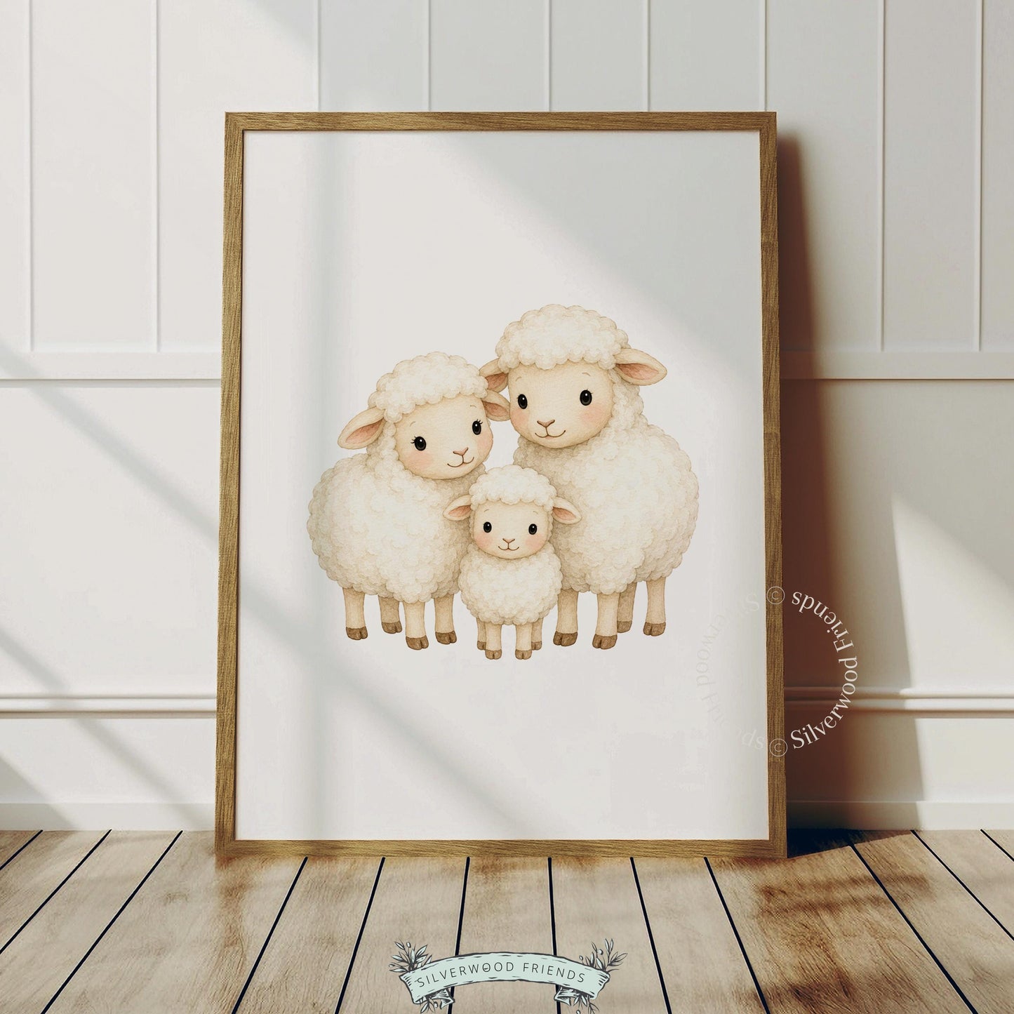 Three woolly sheep digital artwork for toddler room — warm beige tones with gentle, rounded character shapes
