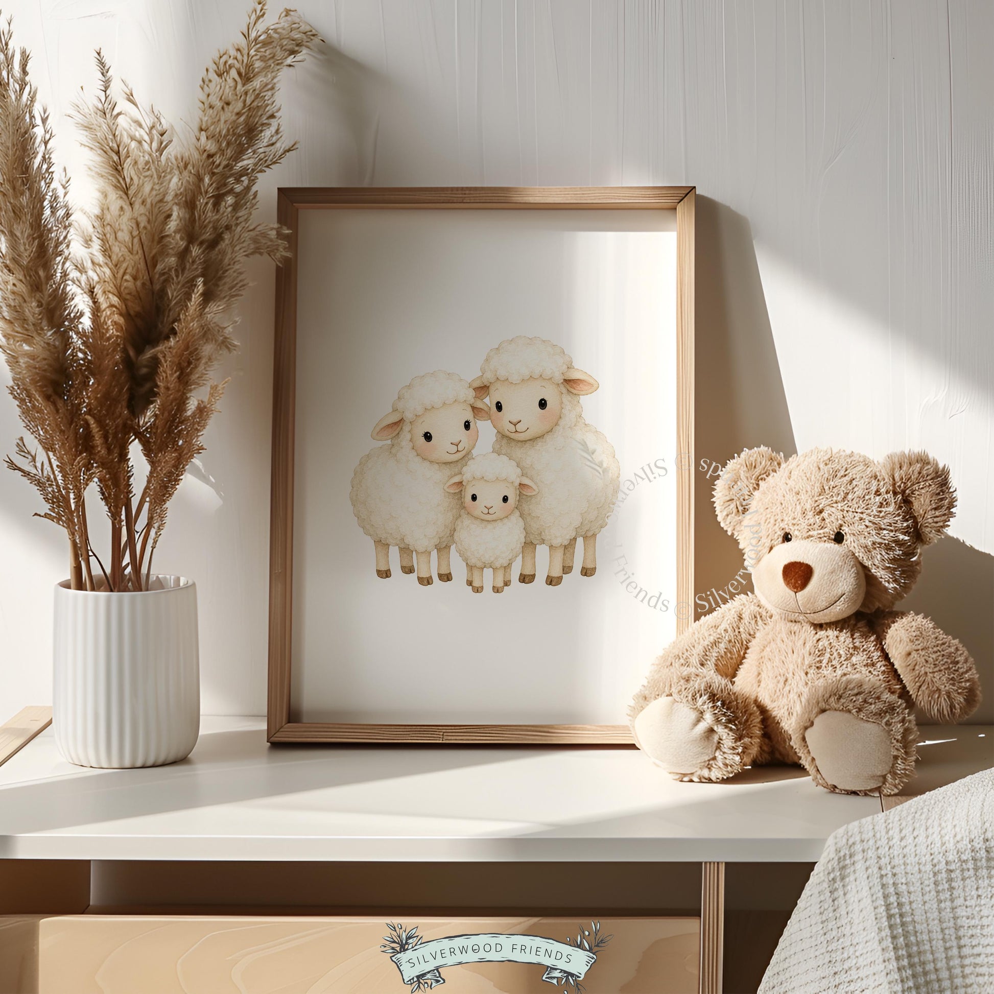 Cozy sheep illustration wall poster for neutral nursery — warm cream palette with delicate brushwork