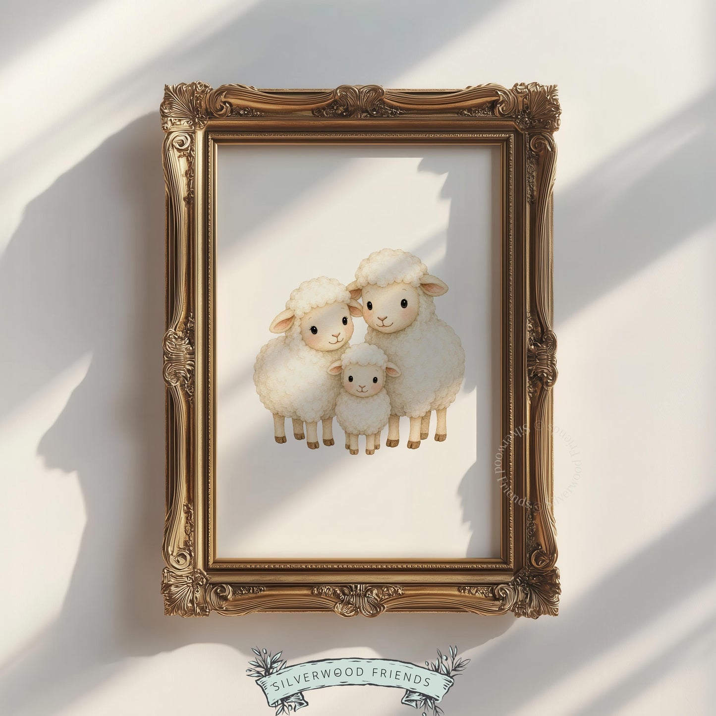 Parent and baby sheep wall art print for playroom — soft ivory and beige palette with storybook charm
