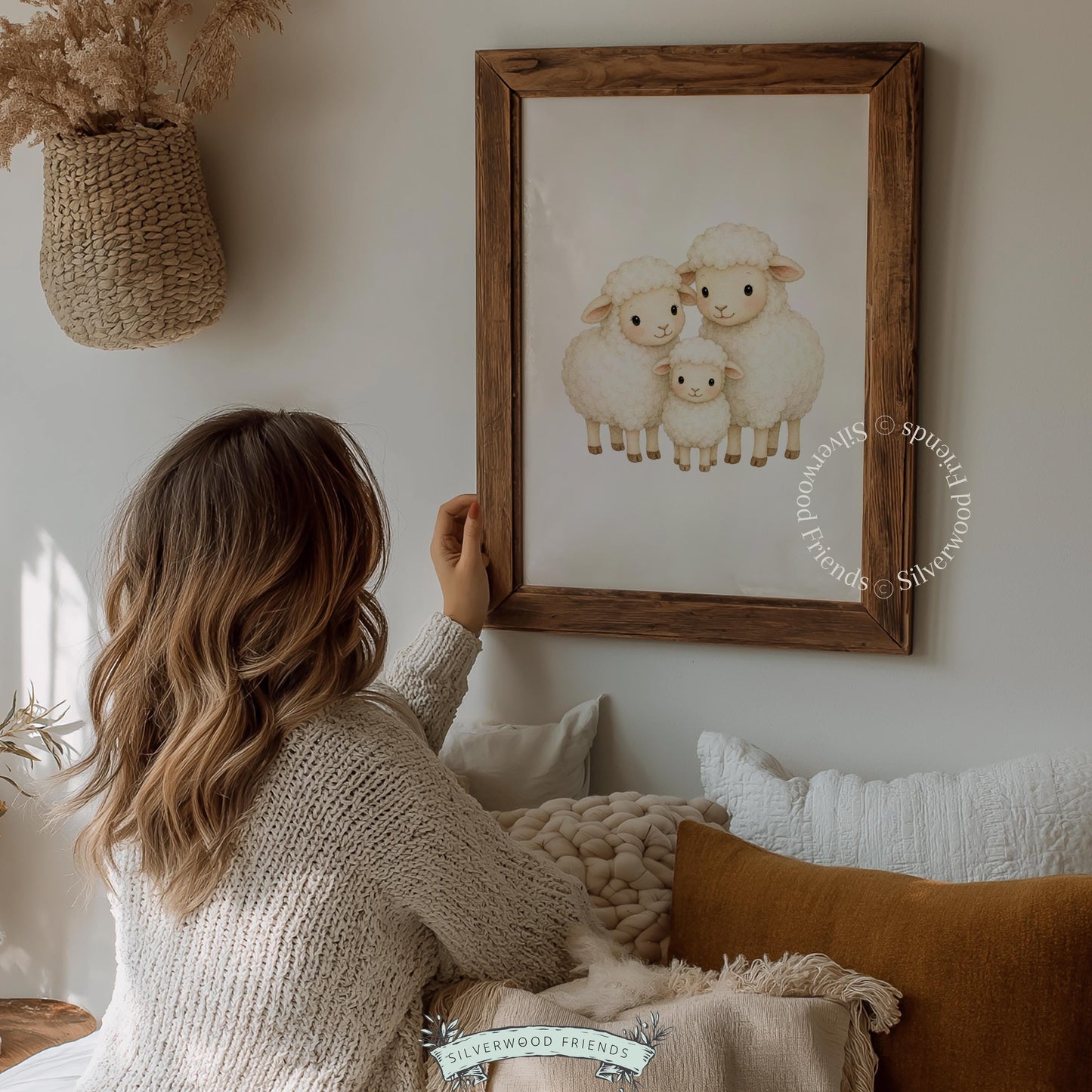Three sheep wall print for kids nursery — soft rounded figures in cream tones with storybook illustration style