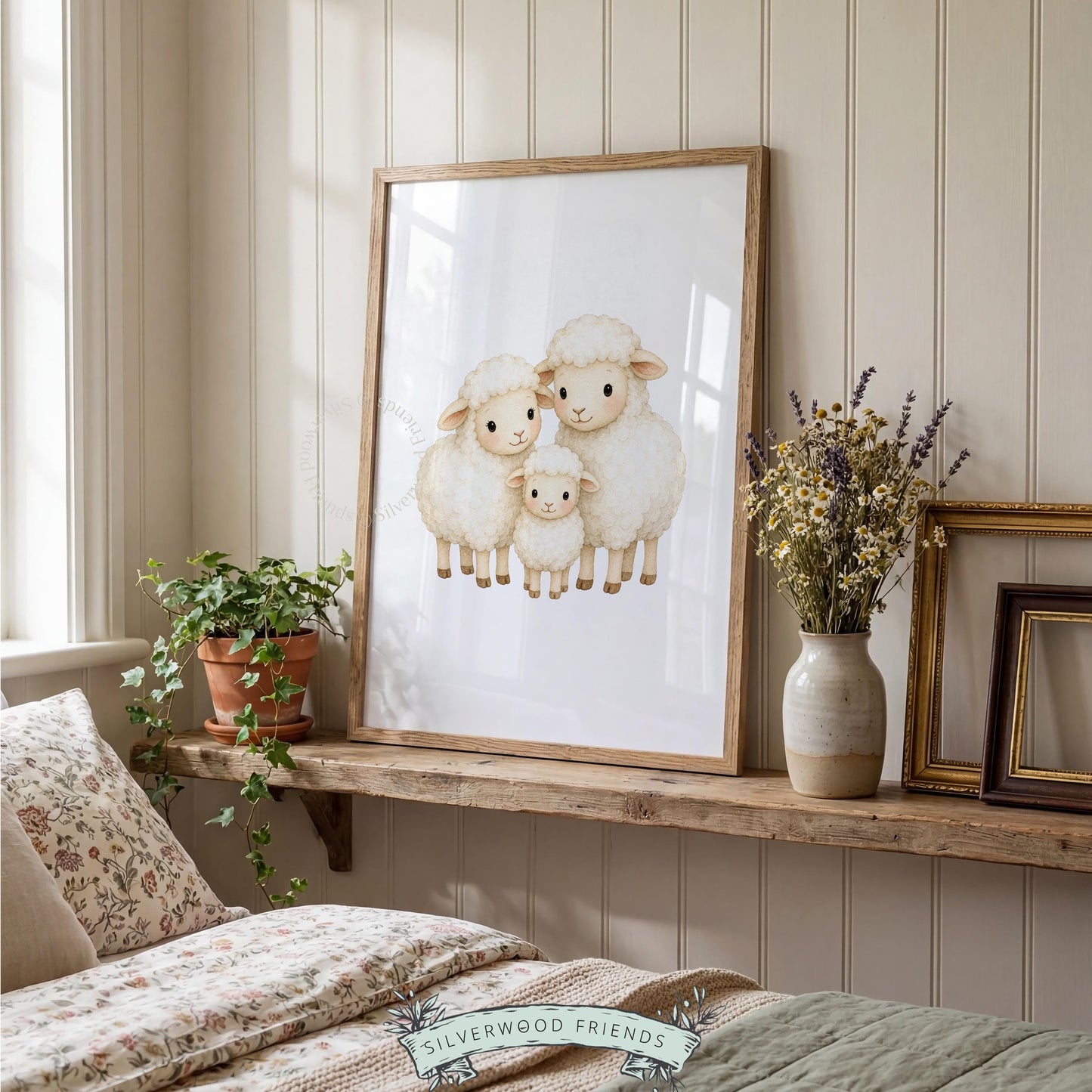 Mother sheep with lamb poster for neutral nursery — delicate watercolor rendering in warm cream palette