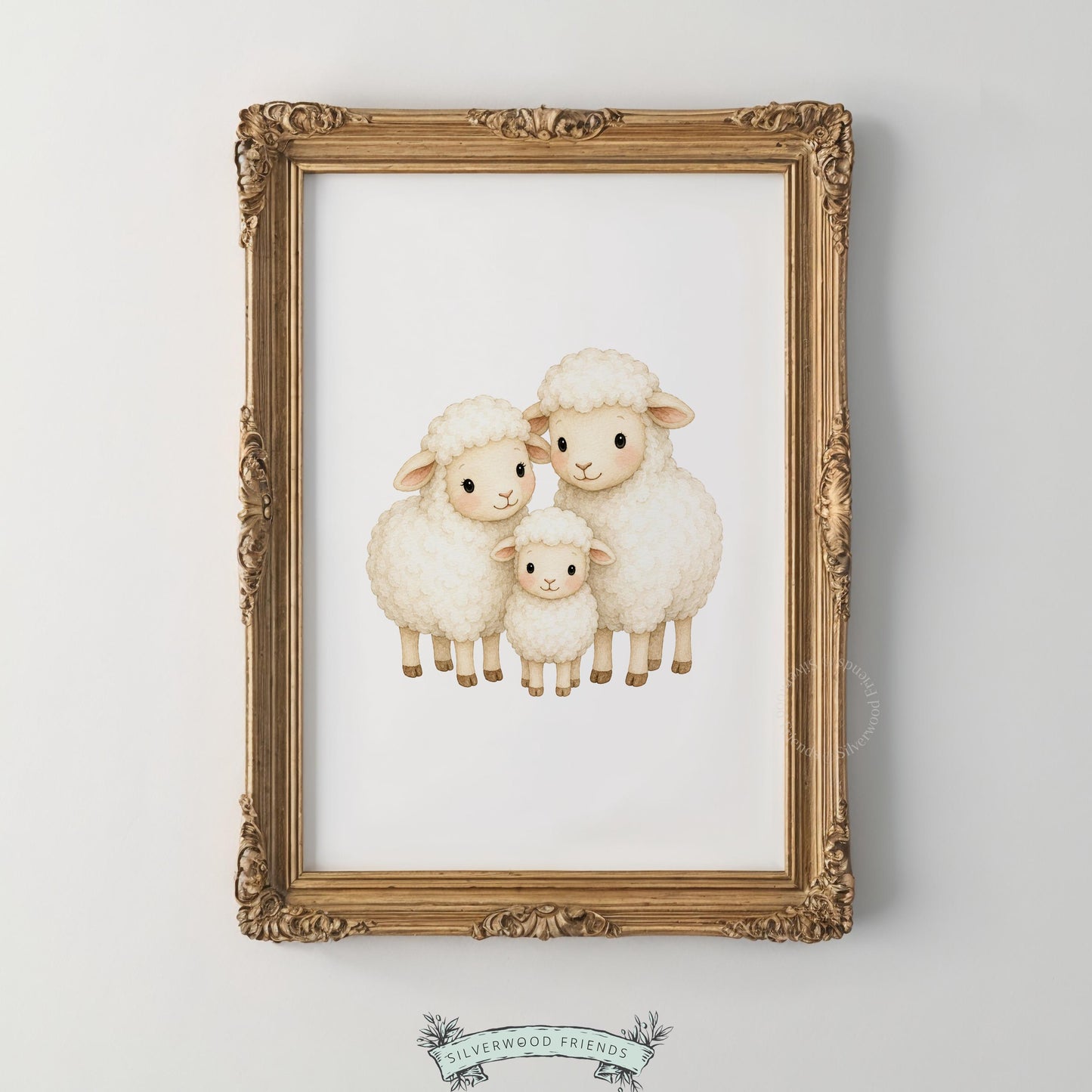 Gentle sheep trio wall print for toddler room — soft rounded characters in soothing beige and ivory tones