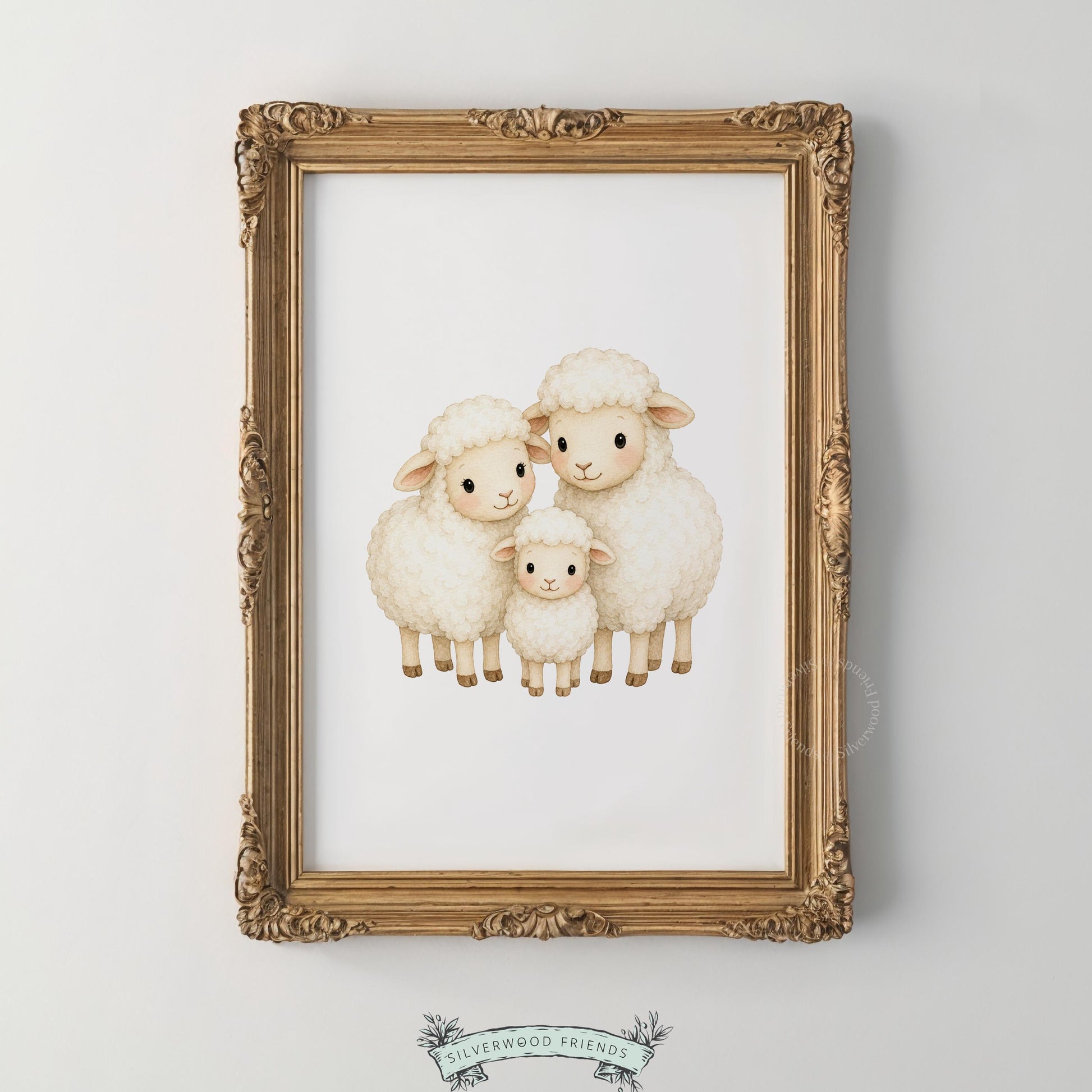 Gentle sheep trio wall print for toddler room — soft rounded characters in soothing beige and ivory tones