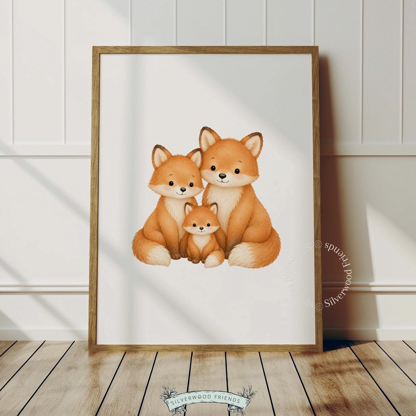 Woodland animal family painting for nursery decor — three foxes in cozy illustration style with storybook charm