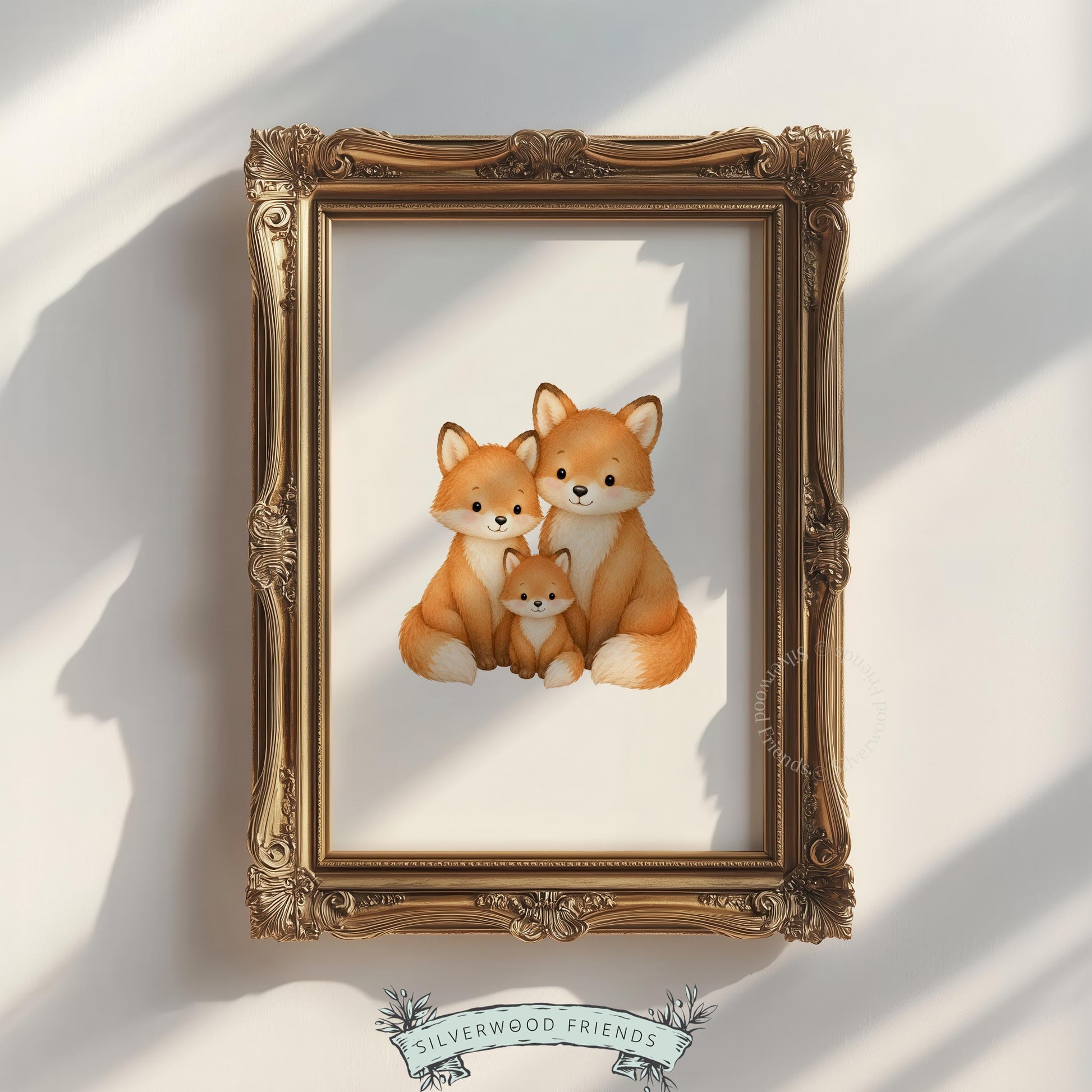 Fox trio wall art printable for baby room — soft illustrated family portrait in warm earth tones and clean aesthetic