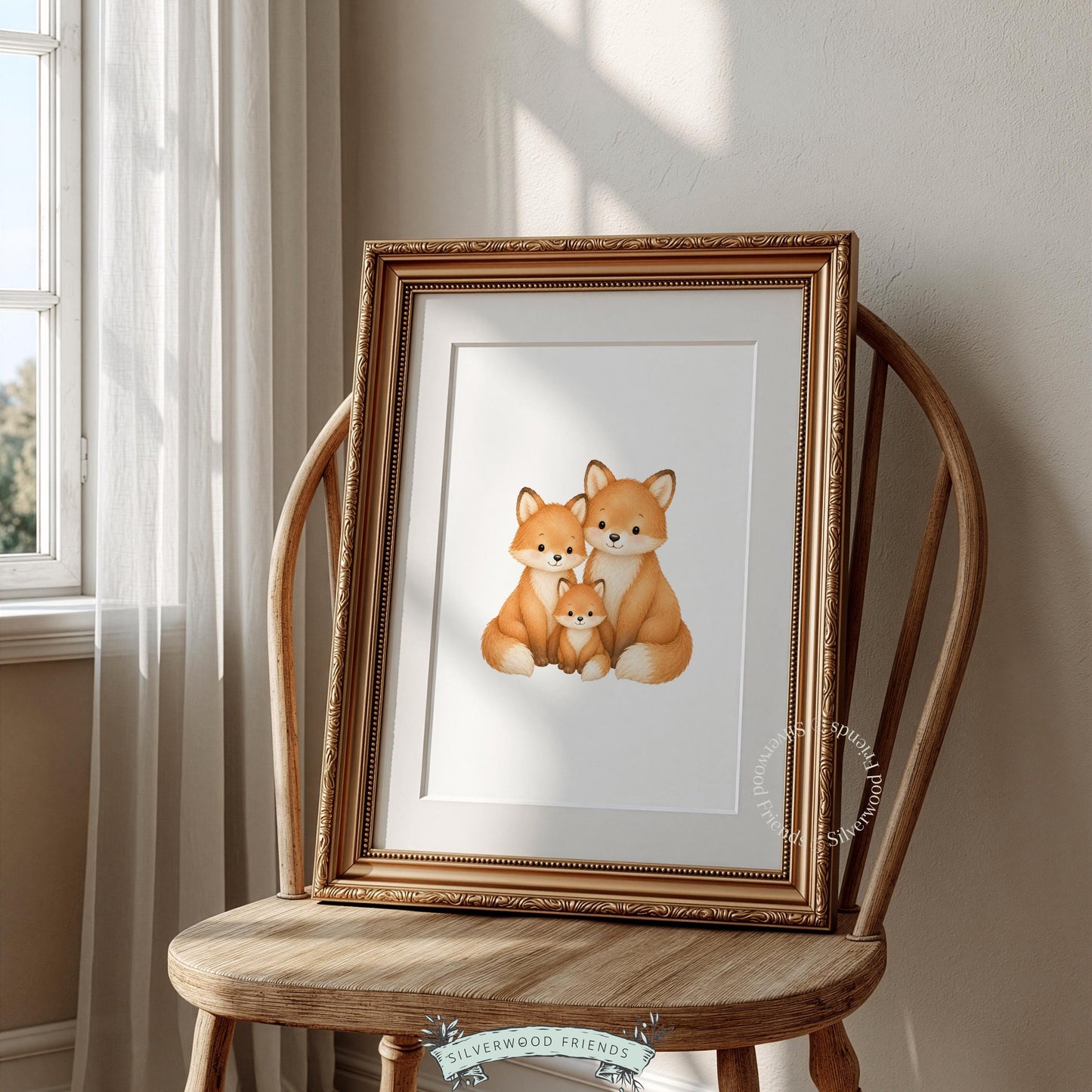 Cute woodland fox family poster for playroom — sweet watercolor-style nursery wall art with minimal design
