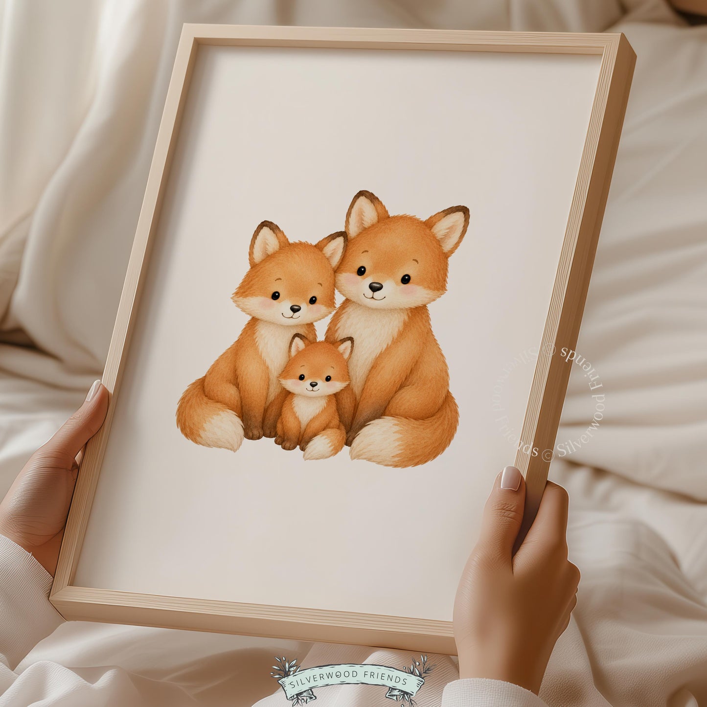 Parent and baby fox picture for toddler room — gentle watercolor digital download with tender nursery mood