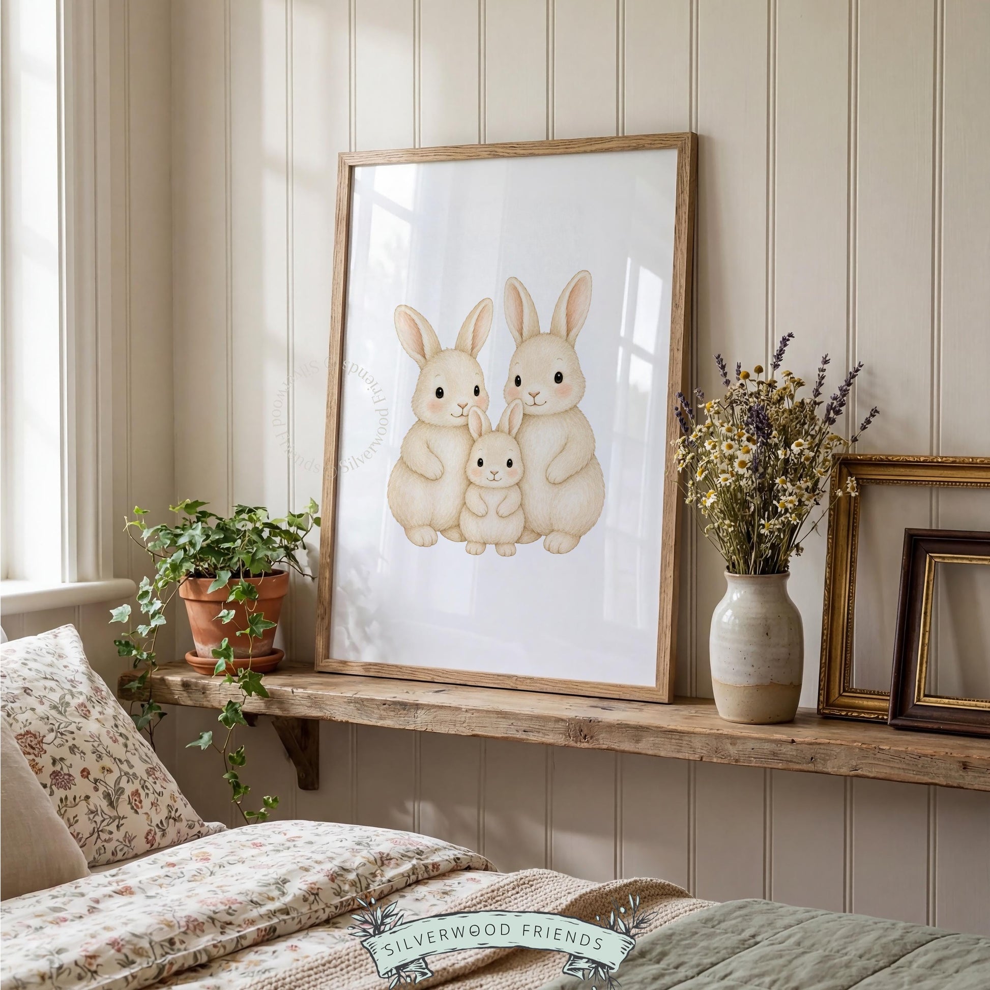 Rabbit family portrait printable picture for playroom — cozy illustration with gentle pencil-sketch quality