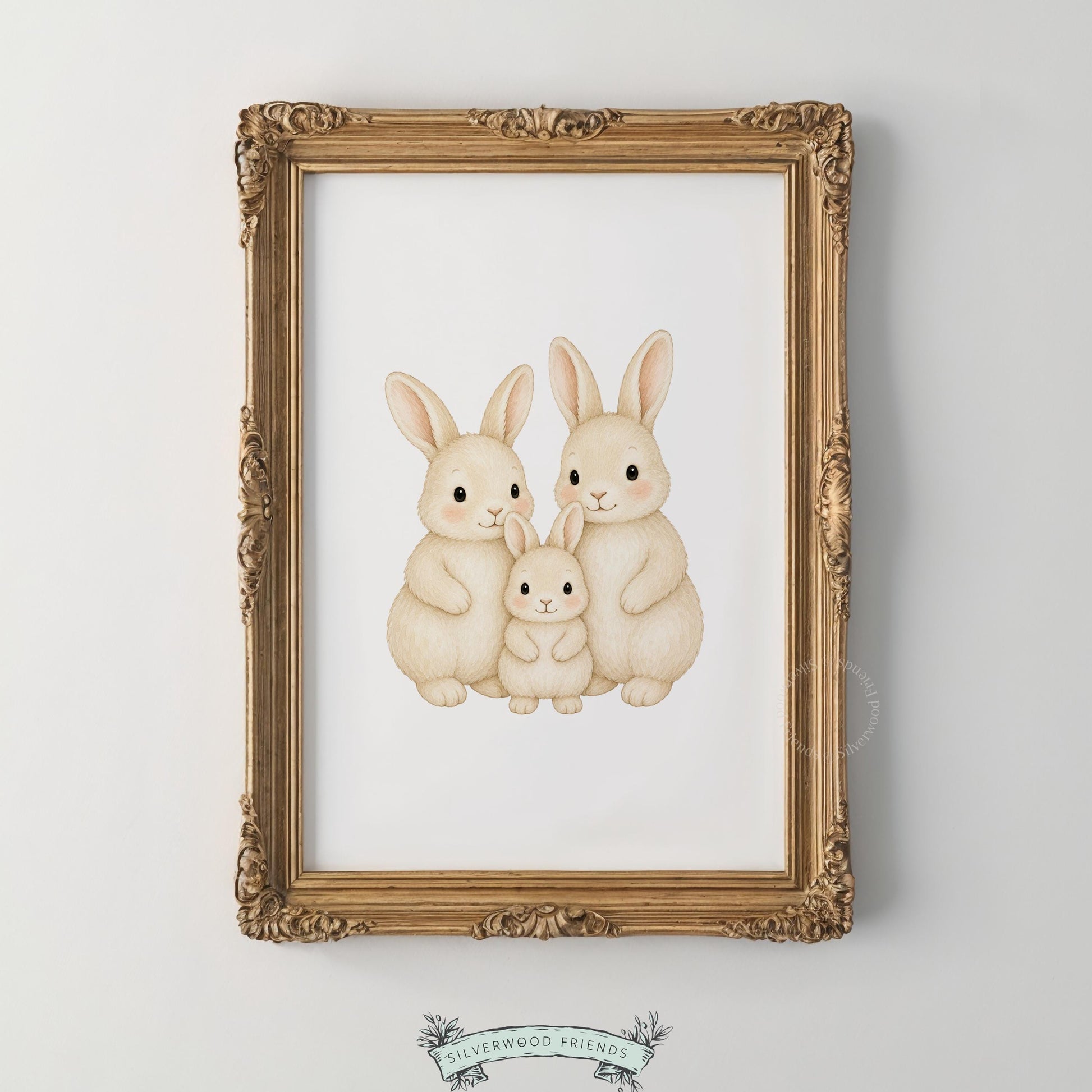 Parent rabbits and baby bunny digital print for kids room — soft family portrait in gentle beige palette