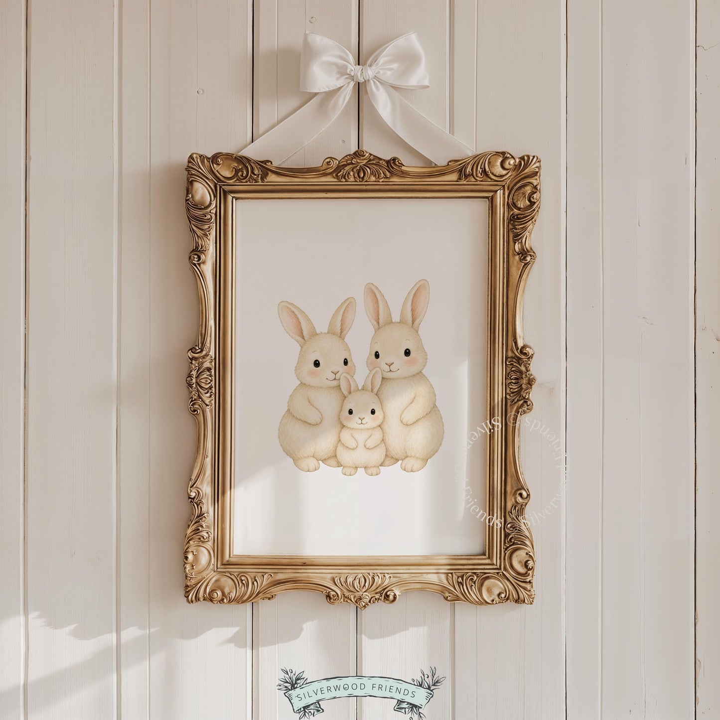 Three bunnies family portrait printable art for nursery — soft watercolor illustration with warm cream tones