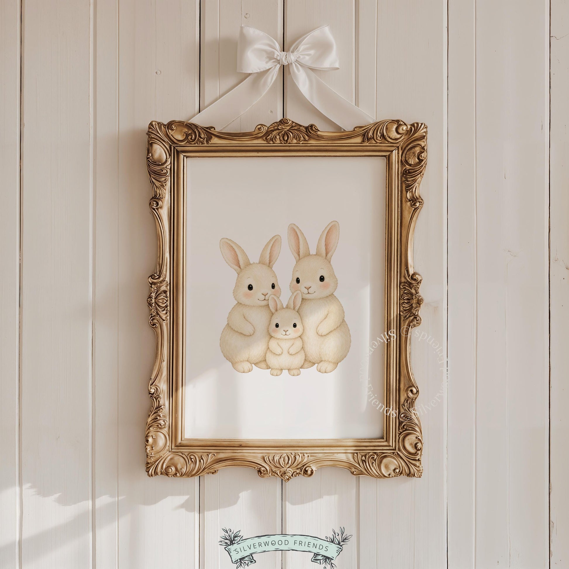 Three bunnies family portrait printable art for nursery — soft watercolor illustration with warm cream tones