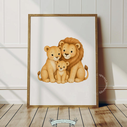 Cute safari animals portrait gallery wall print for nursery — warm-toned lion family group illustration