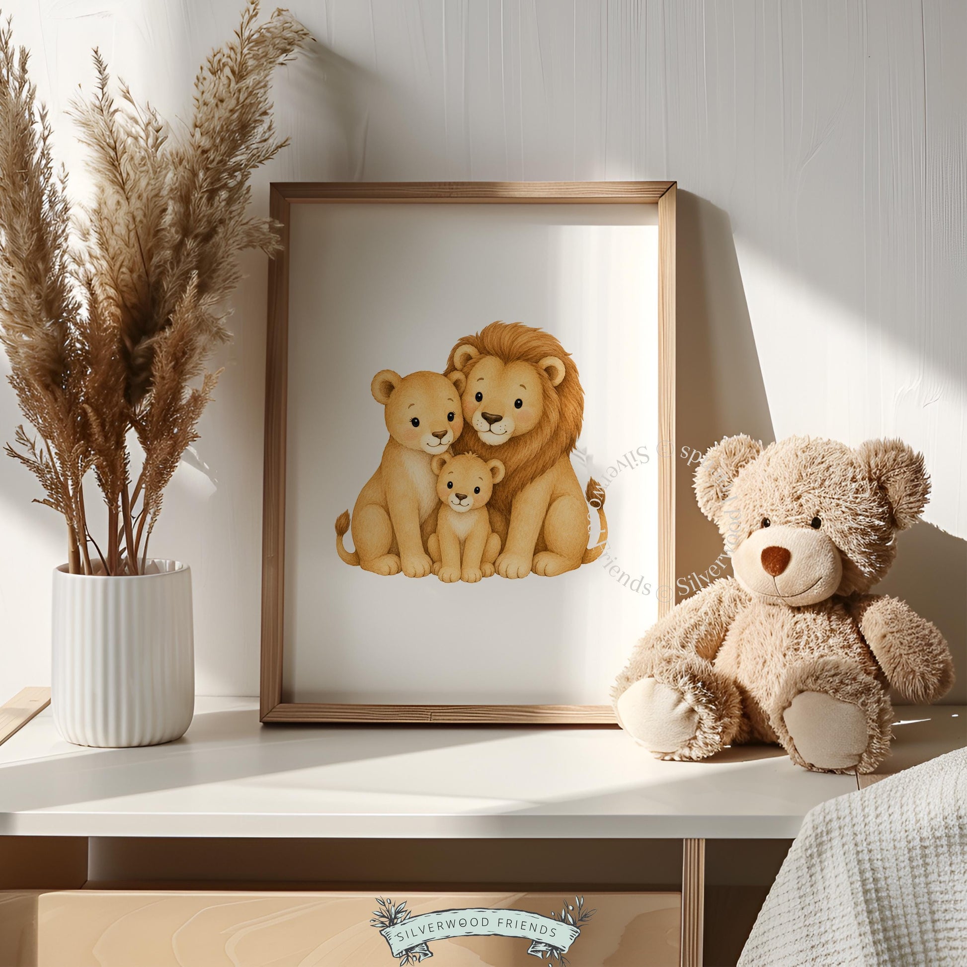 Cute wildlife family poster for kids room — tender watercolor lions in warm neutral palette, perfect for baby decor