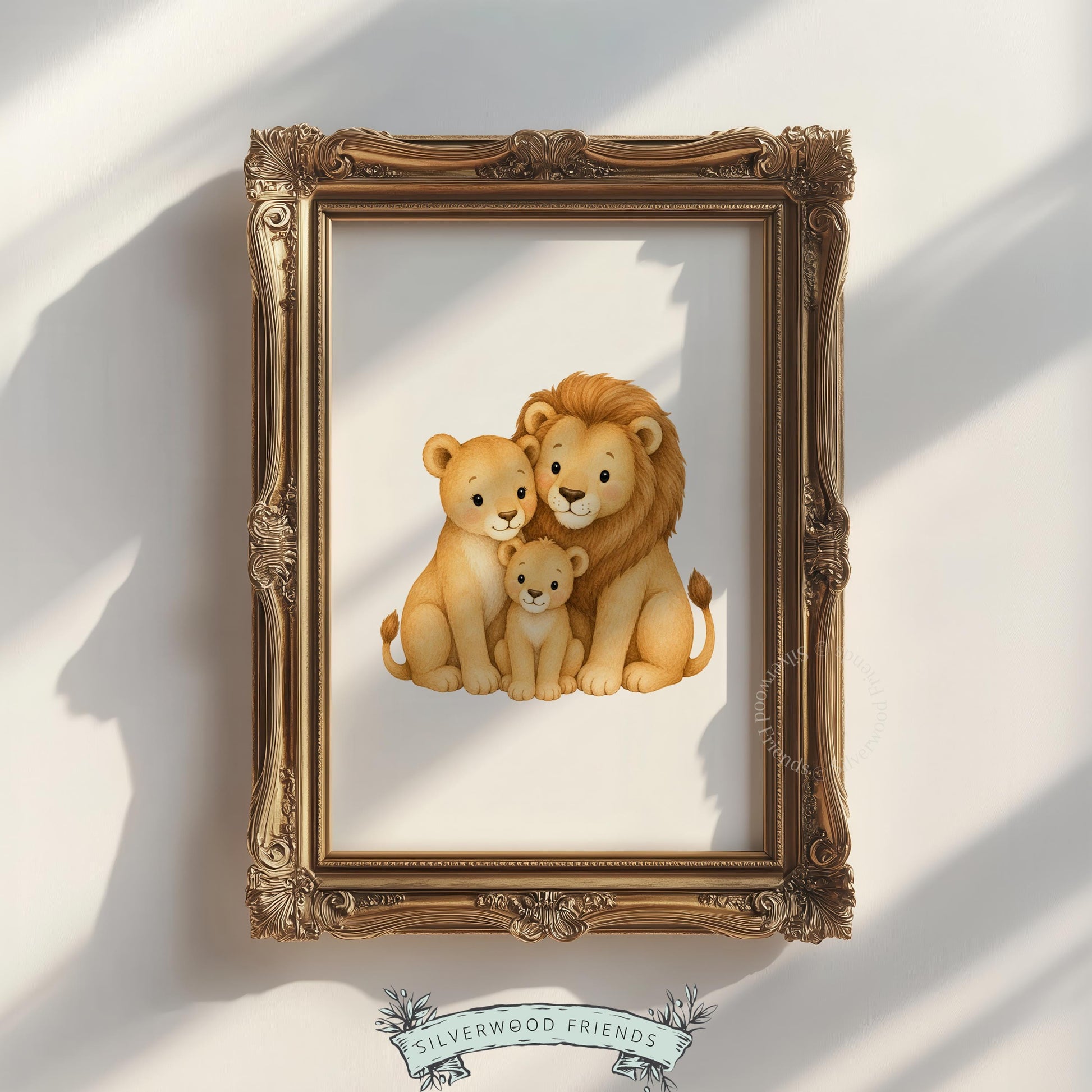 Lion family digital print for toddler room — sweet cuddly animals watercolor artwork with warm neutral palette