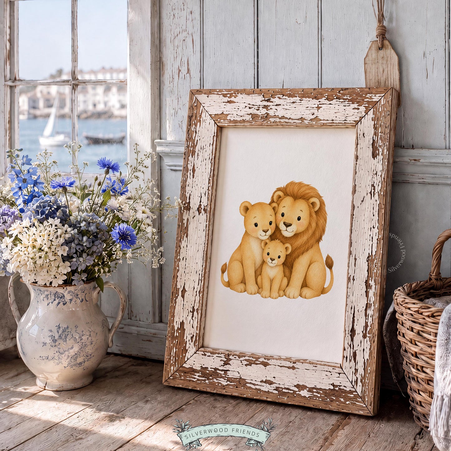 Cute lion cub with parents picture for playroom — soft illustration safari theme perfect for gender-neutral nursery