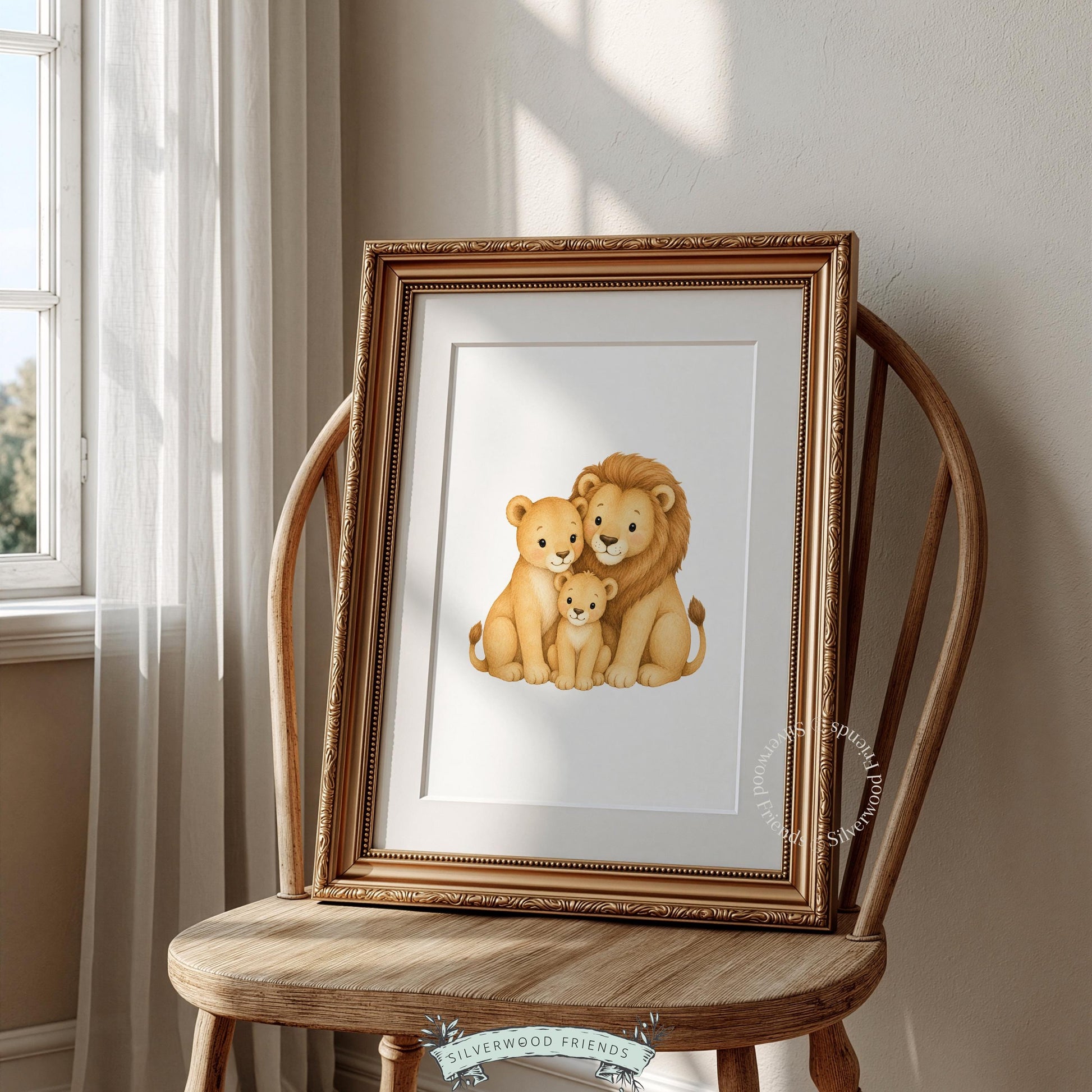 Adorable lion pride poster for neutral nursery — soft watercolor family animals with gentle aesthetic