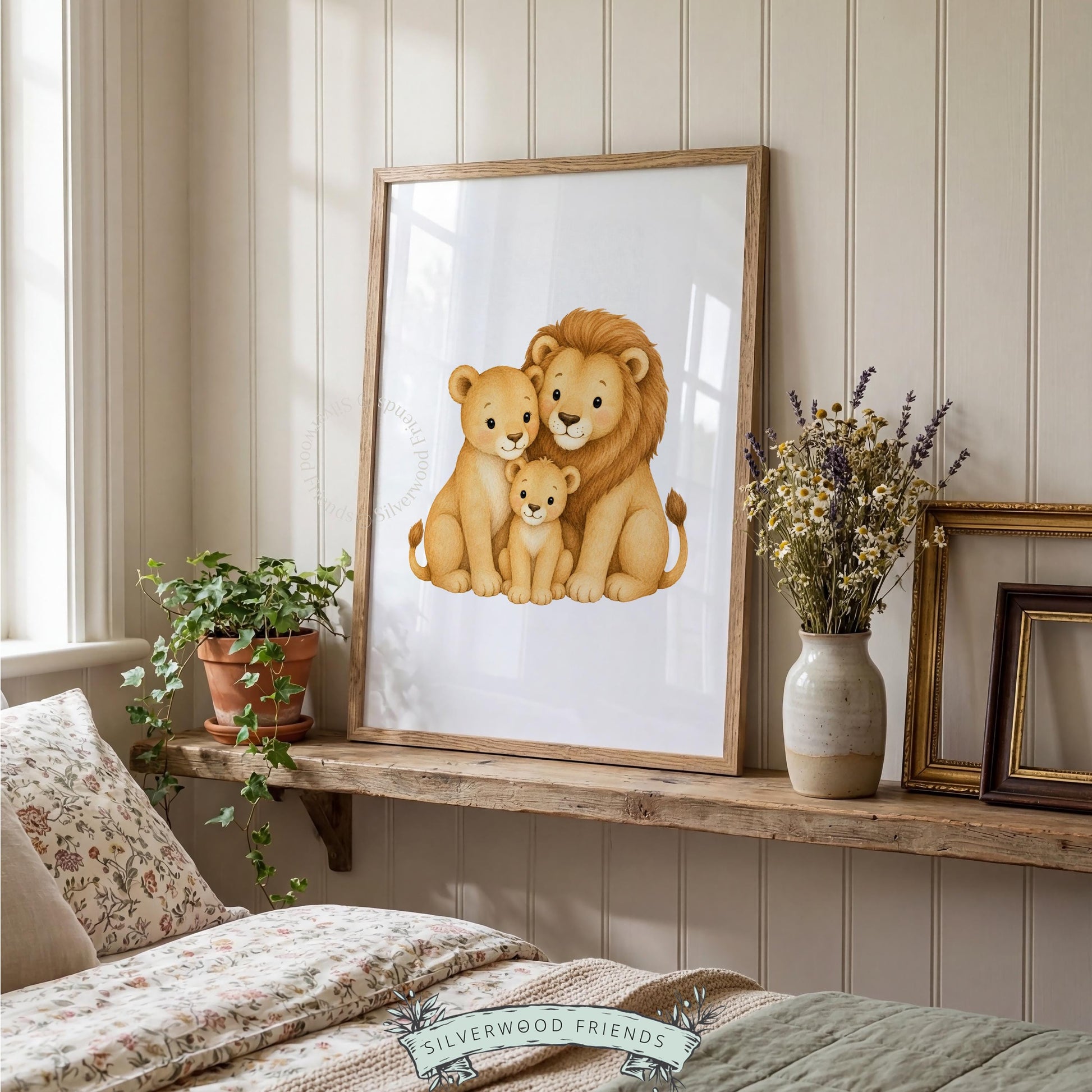 Safari nursery art printable featuring lion family — soft, cuddly animal group in peaceful watercolor style