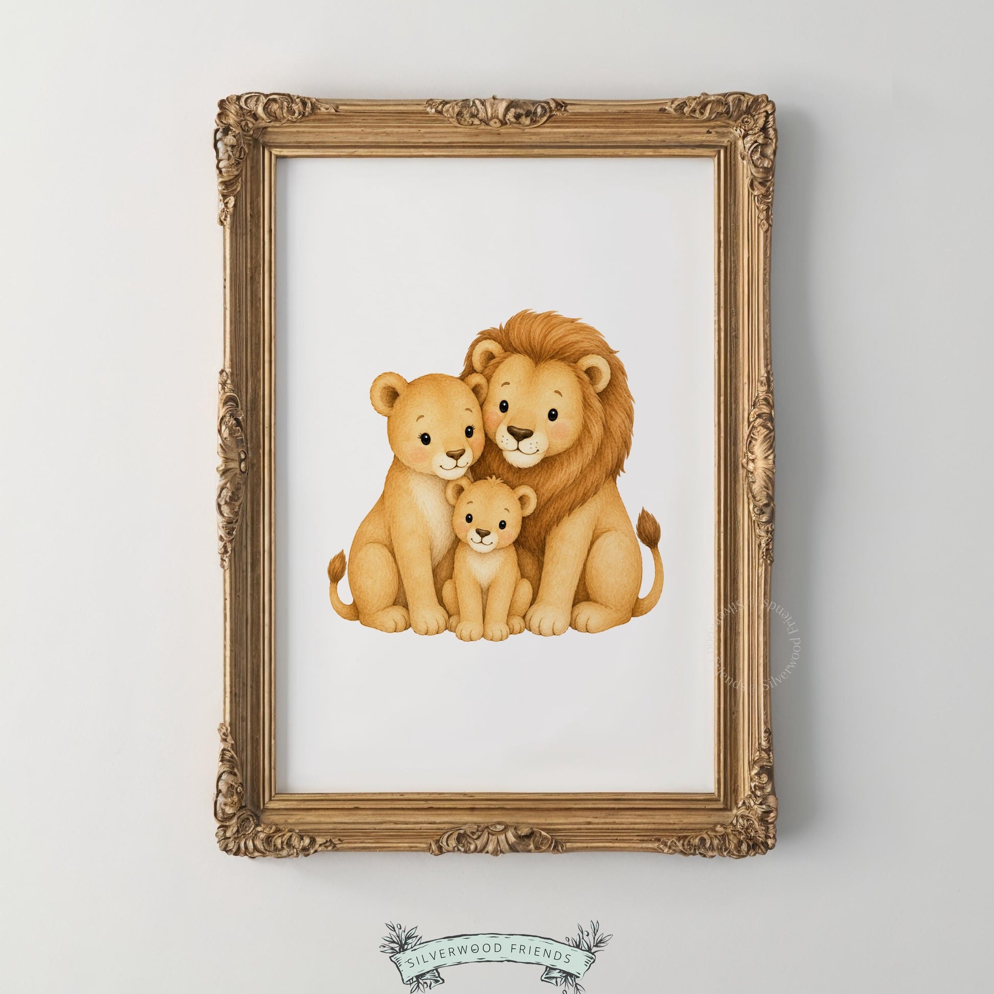 Safari animal family poster for kids room — cute lion group portrait in soft peachy-tan nursery colors