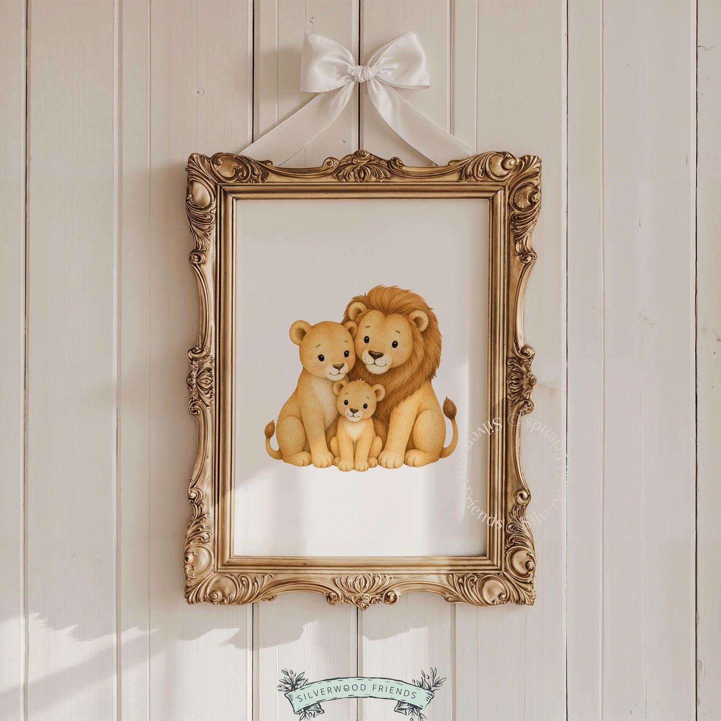 Adorable big cat family wall print for playroom — cute lions in tender illustration style, neutral colors