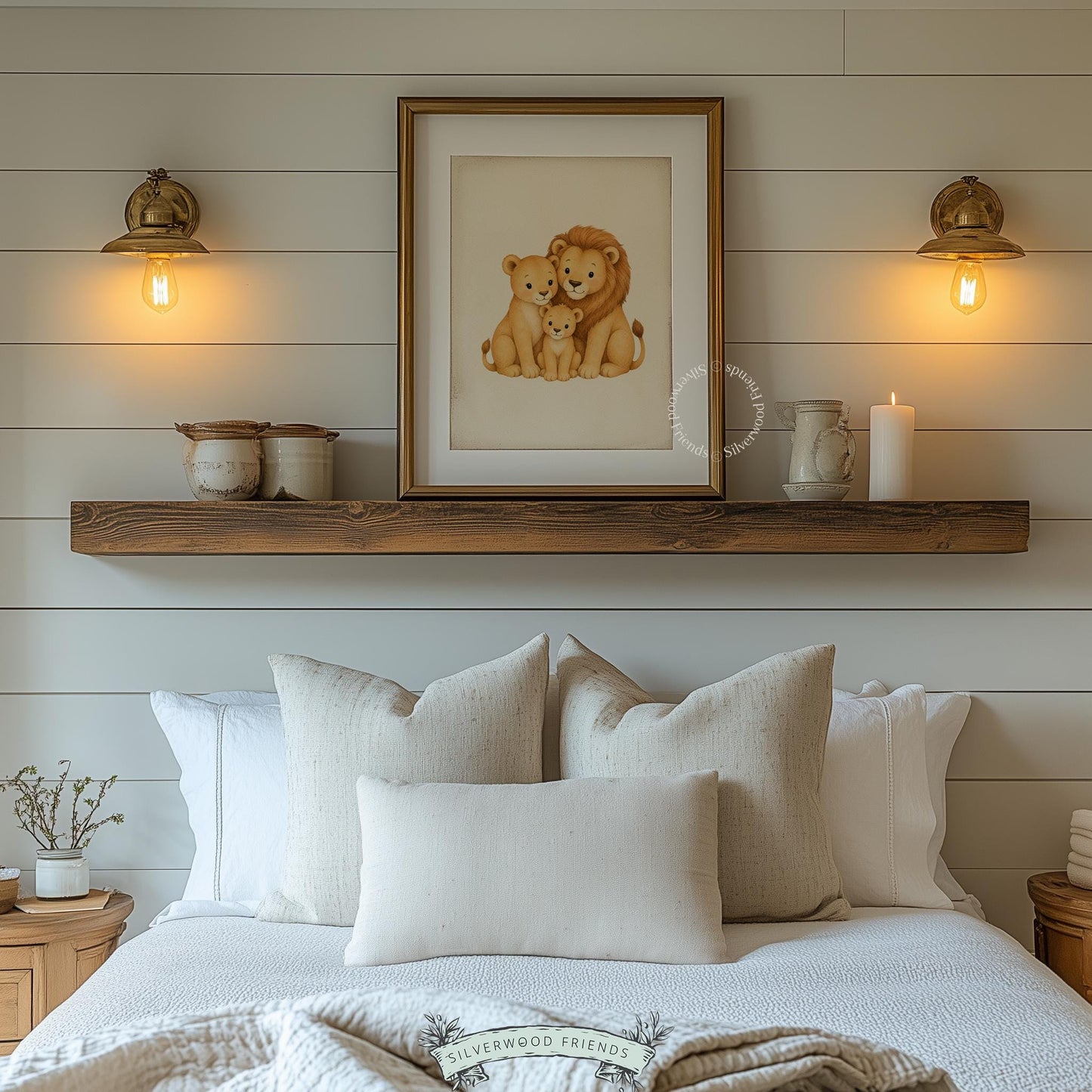 Lion mother, father and cub printable poster for kids room — sweet family theme in warm neutral tones