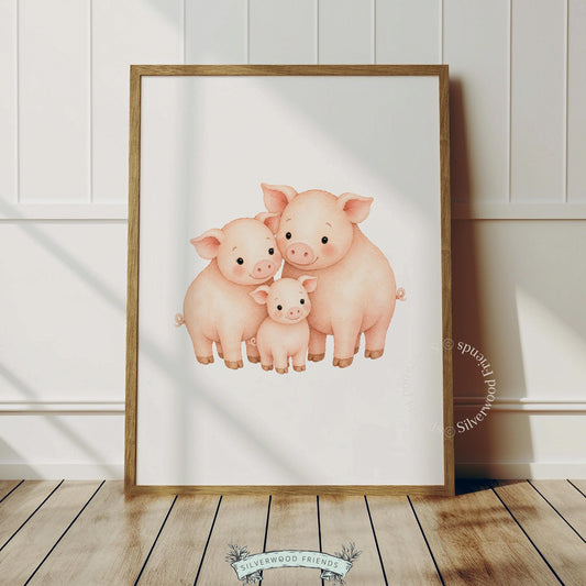 Gentle pig portrait poster art for playroom — loving family scene in soft watercolor palette