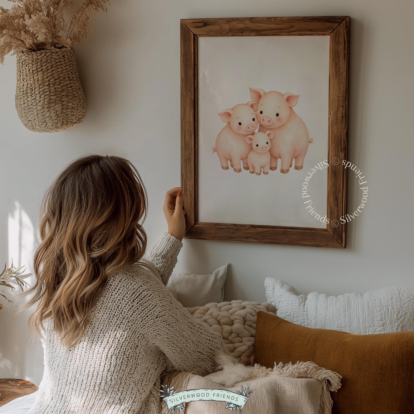 Mother and baby pig poster wall print for kids bedroom — tender watercolor family moment