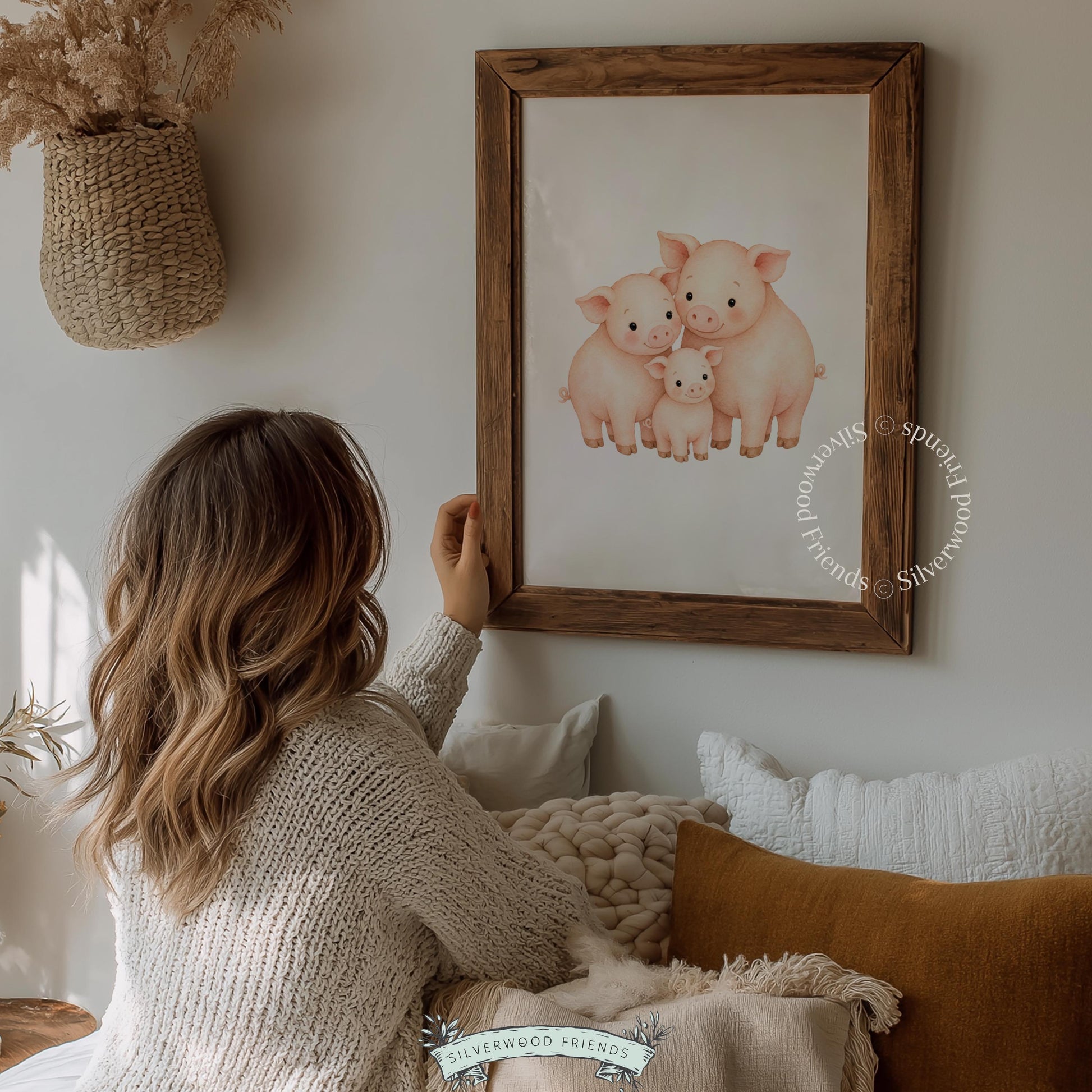 Mother and baby pig poster wall print for kids bedroom — tender watercolor family moment