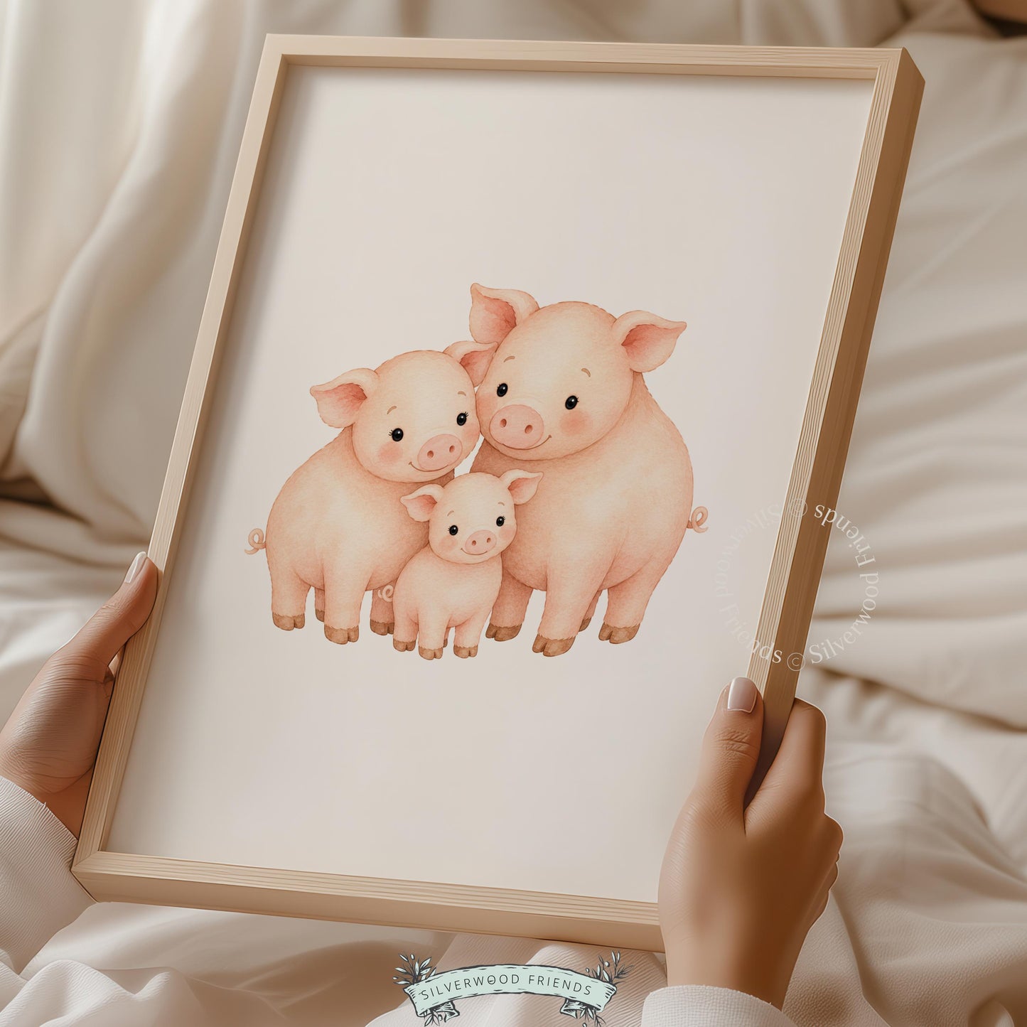 Piglet family gathering digital download for baby room art — sweet countryside scene in peaceful pastel tones