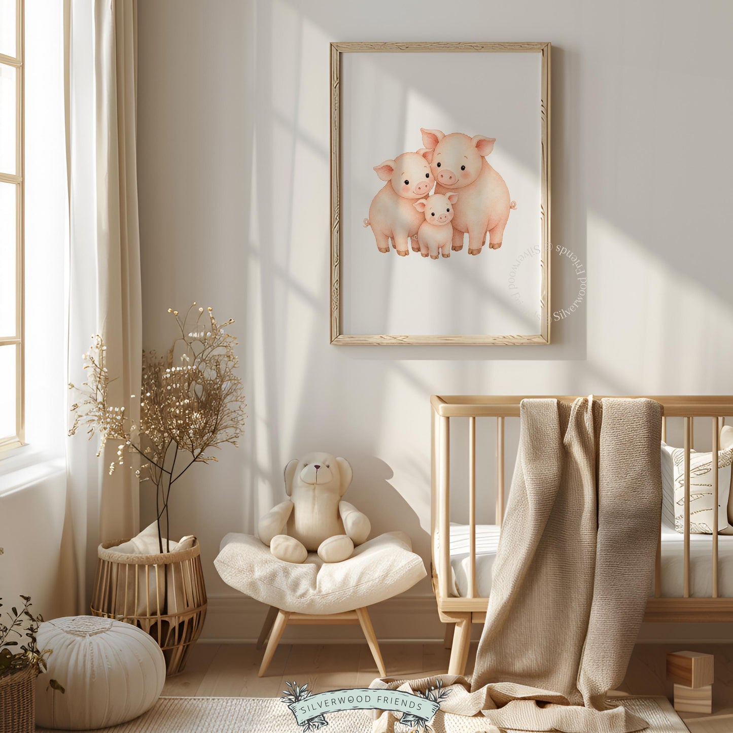 Farmhouse pig portrait art print for kids bedroom — three pigs snuggled together in gentle pastels