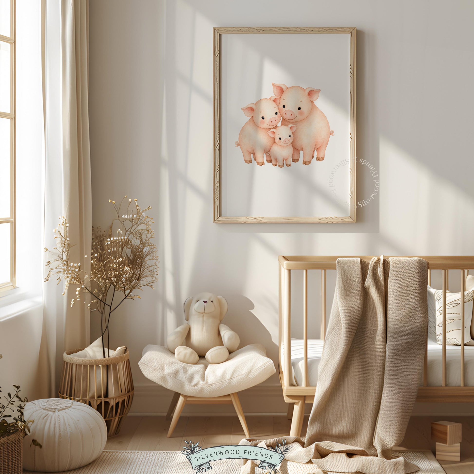 Farmhouse pig portrait art print for kids bedroom — three pigs snuggled together in gentle pastels