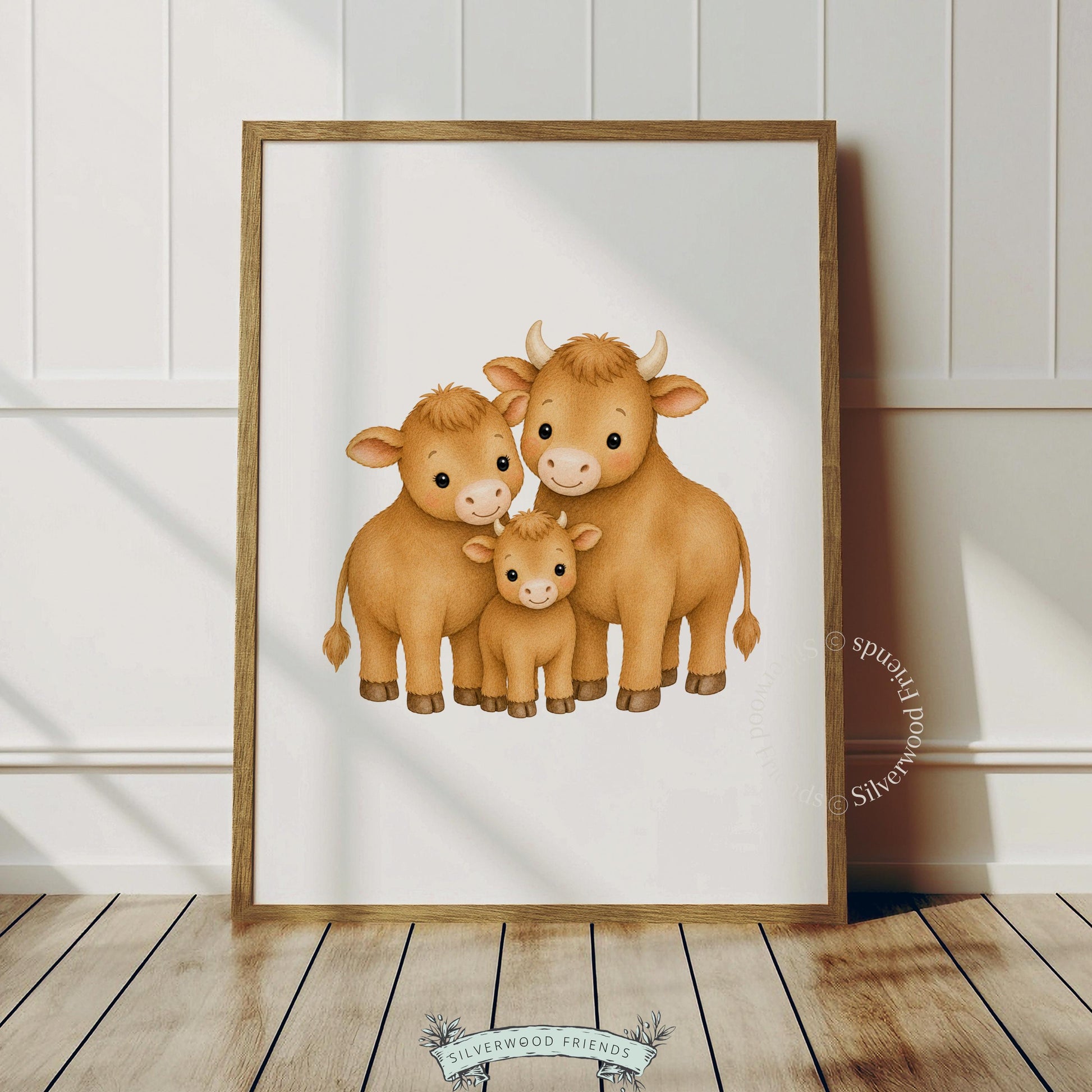 Baby calf and parents printable picture for kids room — charming farm animals in soft golden palette