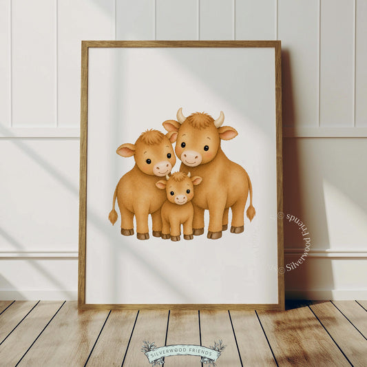 Baby calf and parents printable picture for kids room — charming farm animals in soft golden palette