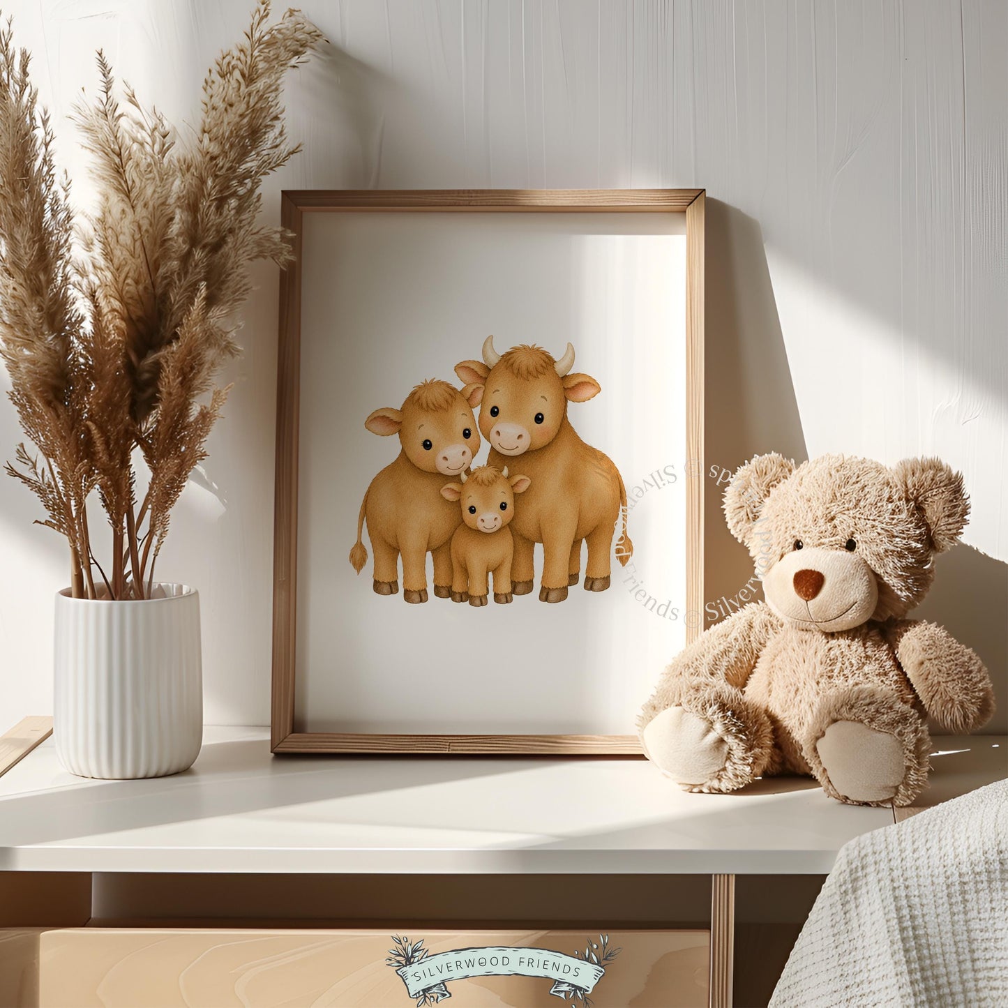 Highland cow instant download print for baby room — endearing family group with soft storybook charm