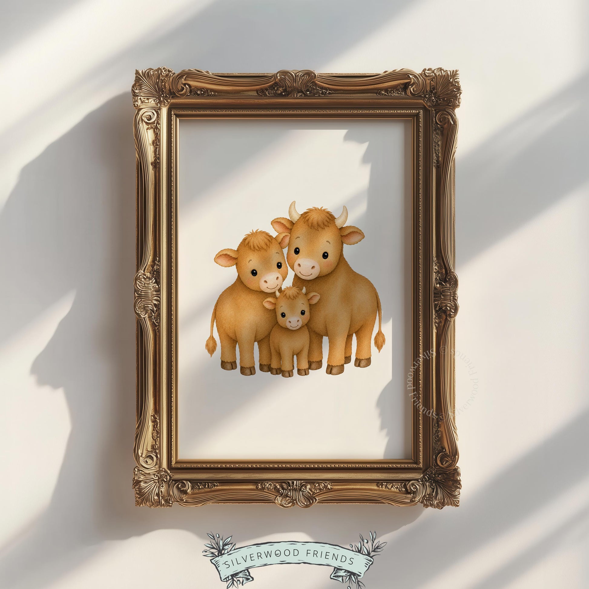 Highland cow poster for neutral nursery — gentle family scene with golden hues and peaceful mood