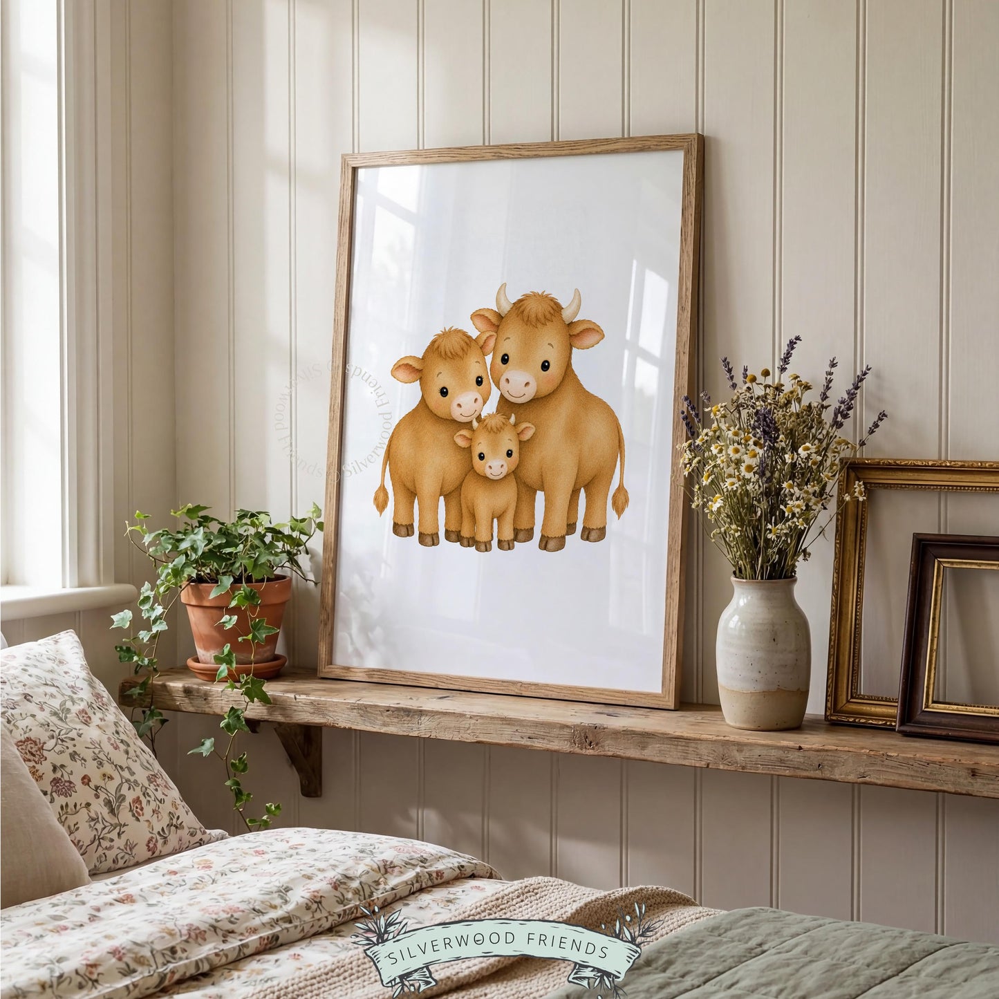 Farmhouse animal picture printable for nursery — three adorable highland cows in warm, welcoming tones