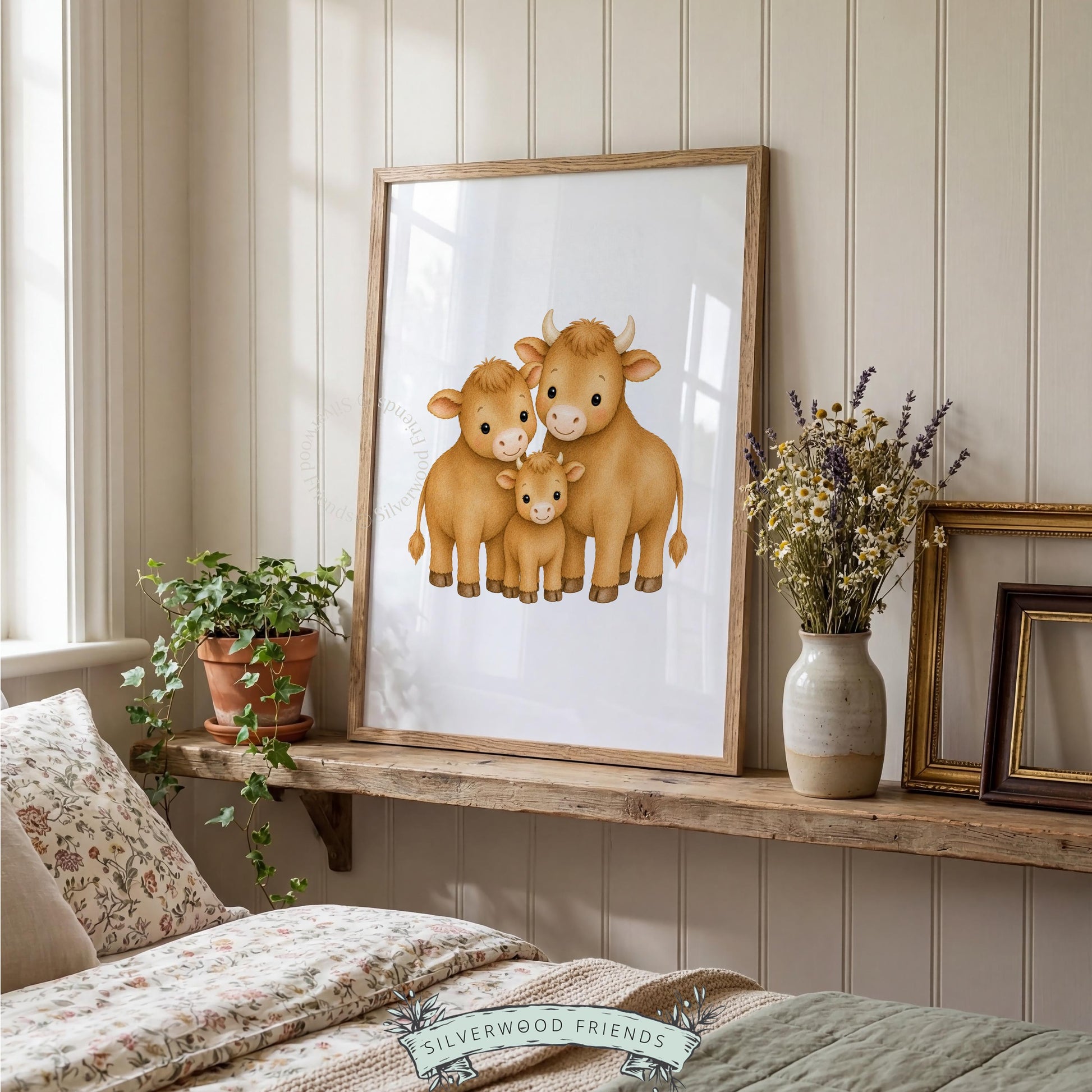 Farmhouse animal picture printable for nursery — three adorable highland cows in warm, welcoming tones