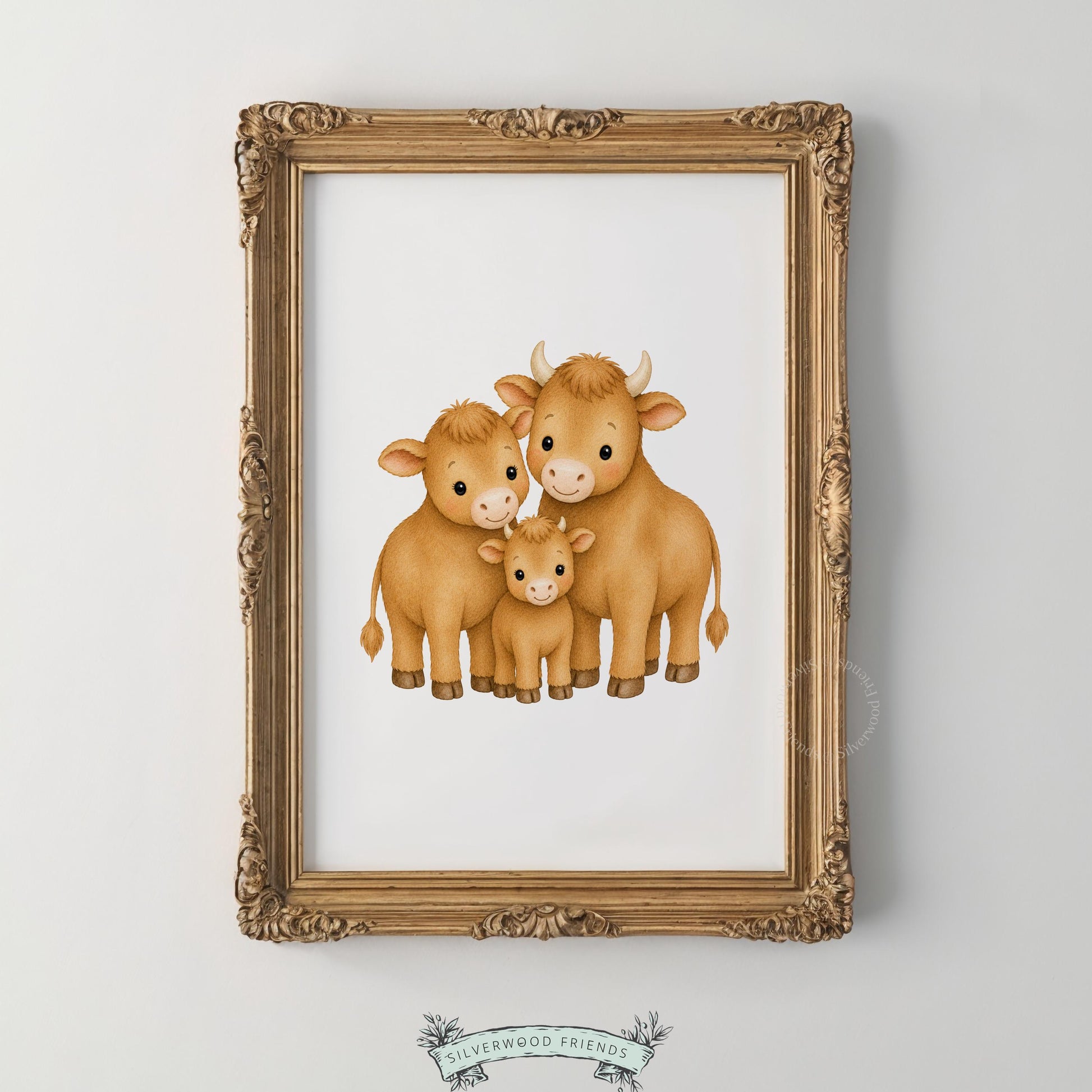 Storybook animal picture for toddler room — two adult cows and baby calf in soft, tender illustration