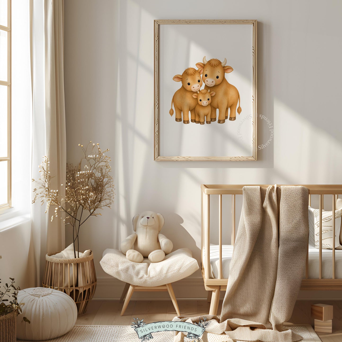 Nursery wall print featuring highland cow trio — gentle farmhouse illustration with cozy, peaceful mood