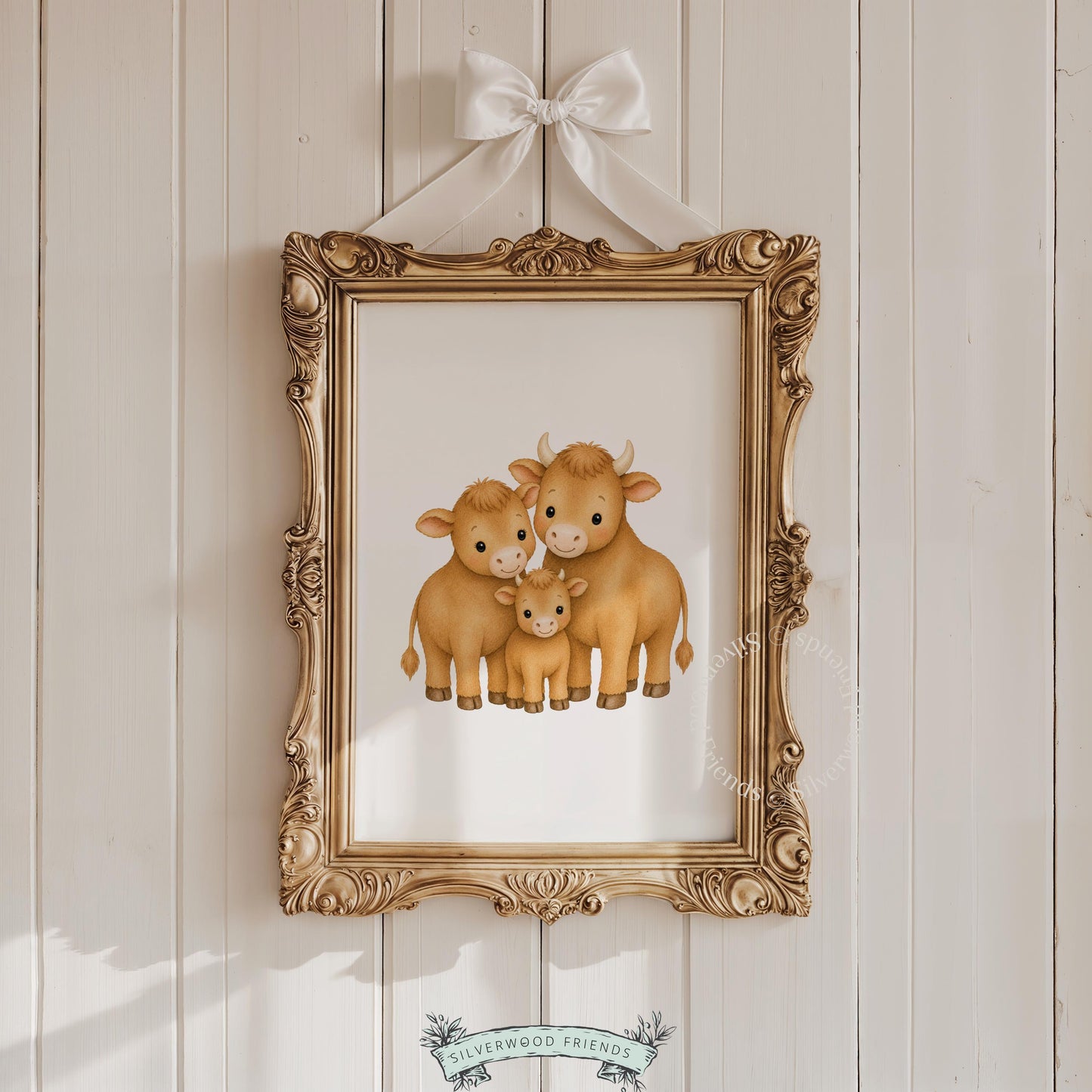 Sweet farm animal artwork for baby shower — charming cow family in golden-brown painted style