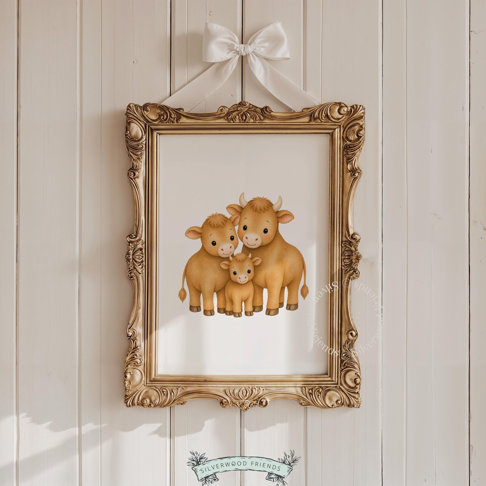 Sweet farm animal artwork for baby shower — charming cow family in golden-brown painted style