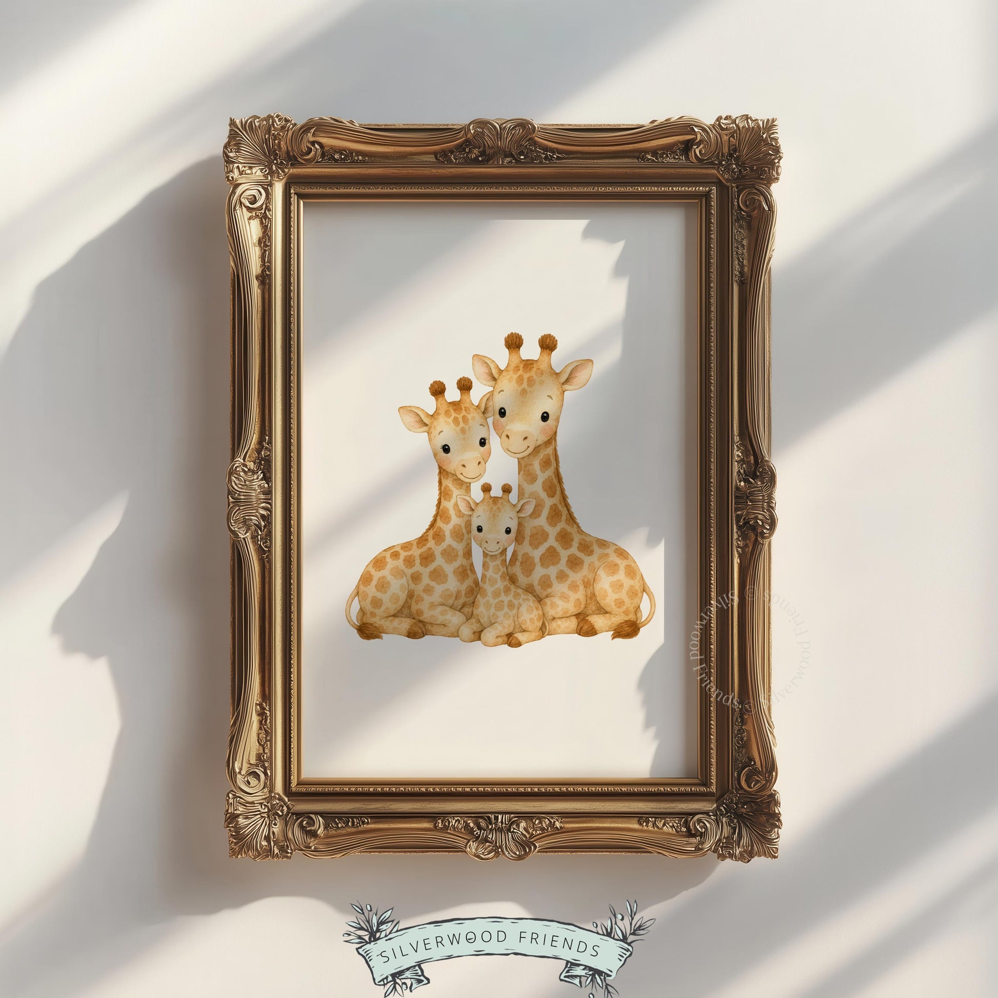 Sweet giraffe family wall poster for playroom — soft watercolor style with warm earthy color palette