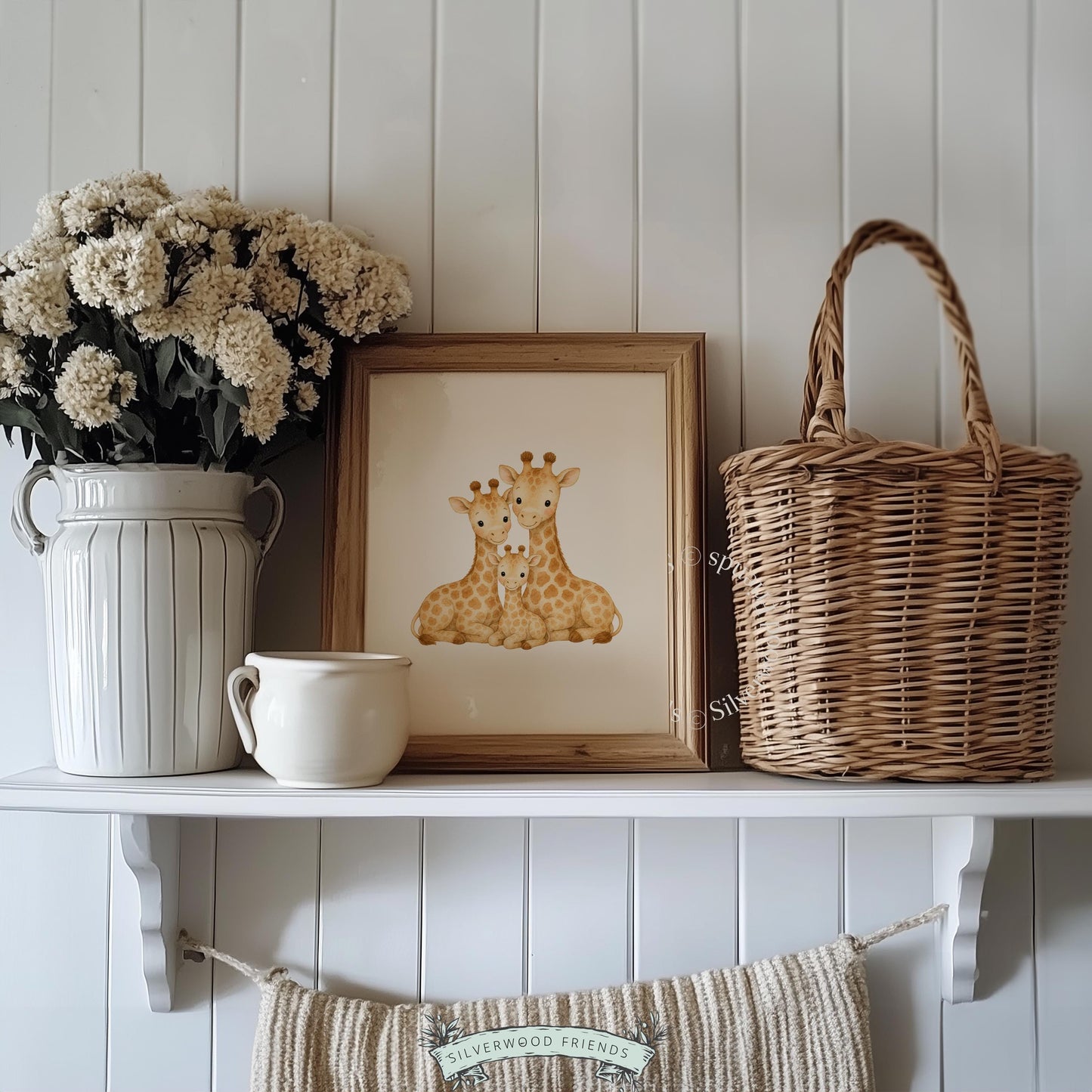 Baby giraffe with parents poster printable art — sweet family scene in soft pastel neutral tones for nursery