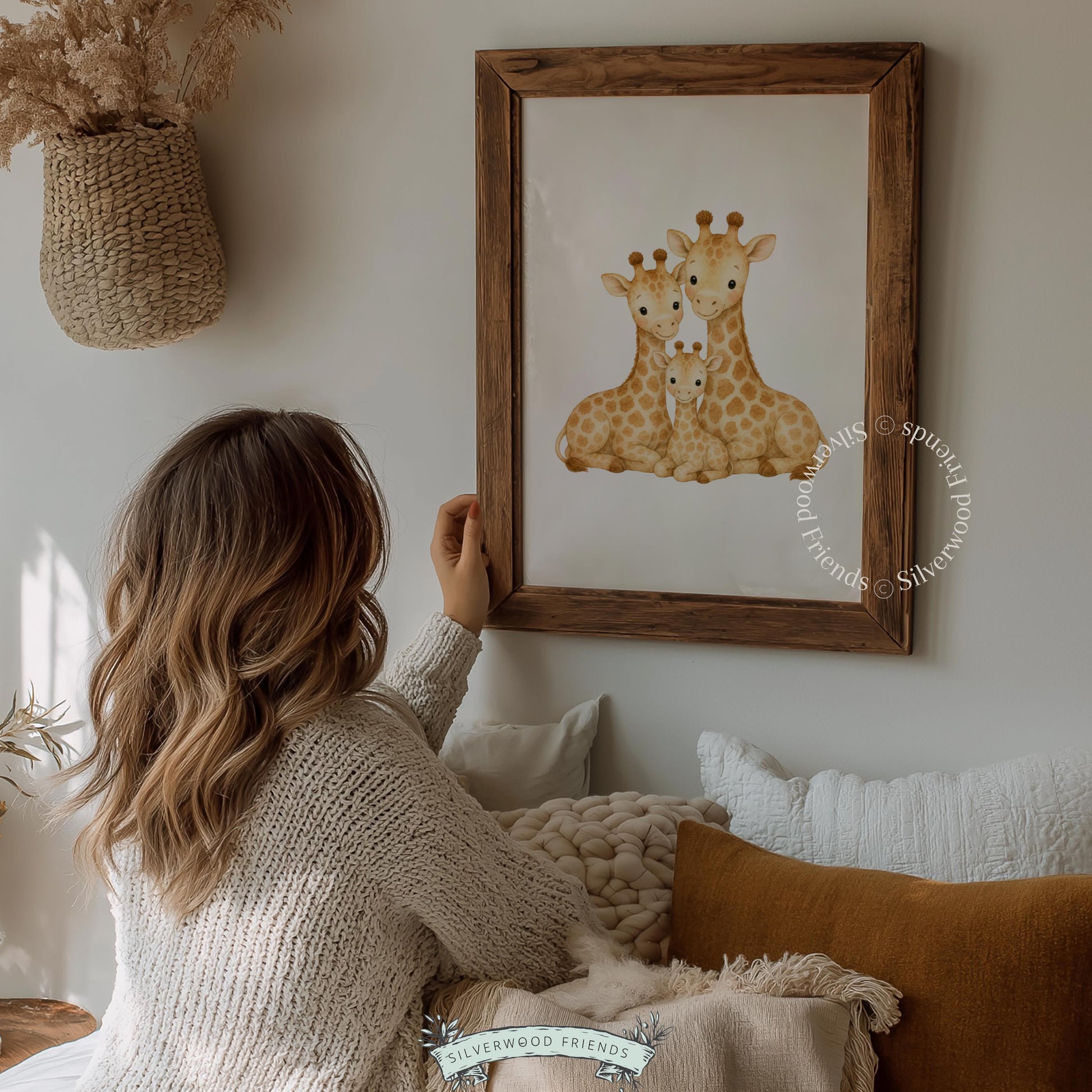 Cute wildlife family portrait painting for baby room — giraffes in sweet embrace on clean background