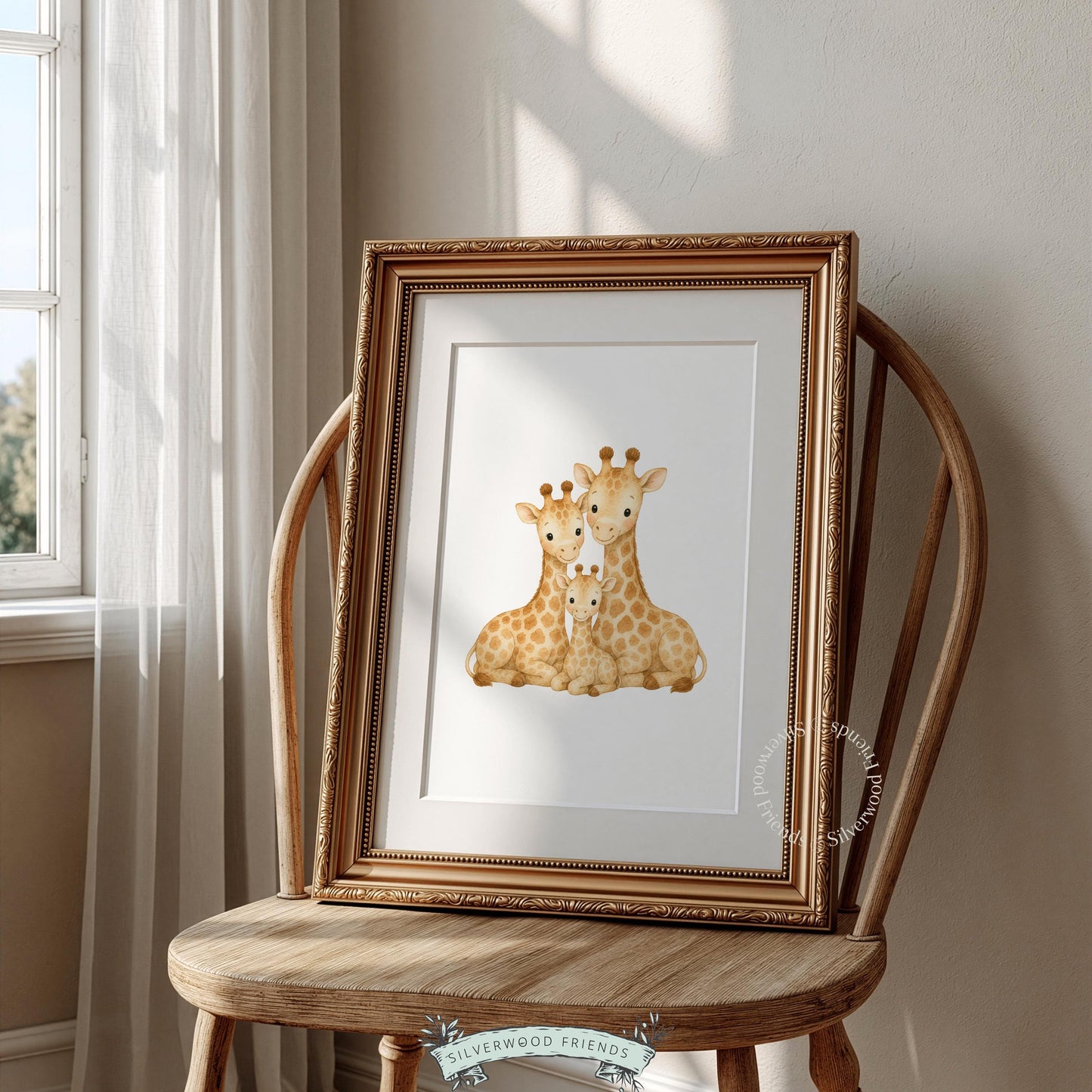 Tender family giraffe poster wall art for infant room — watercolor illustration with peaceful aesthetic