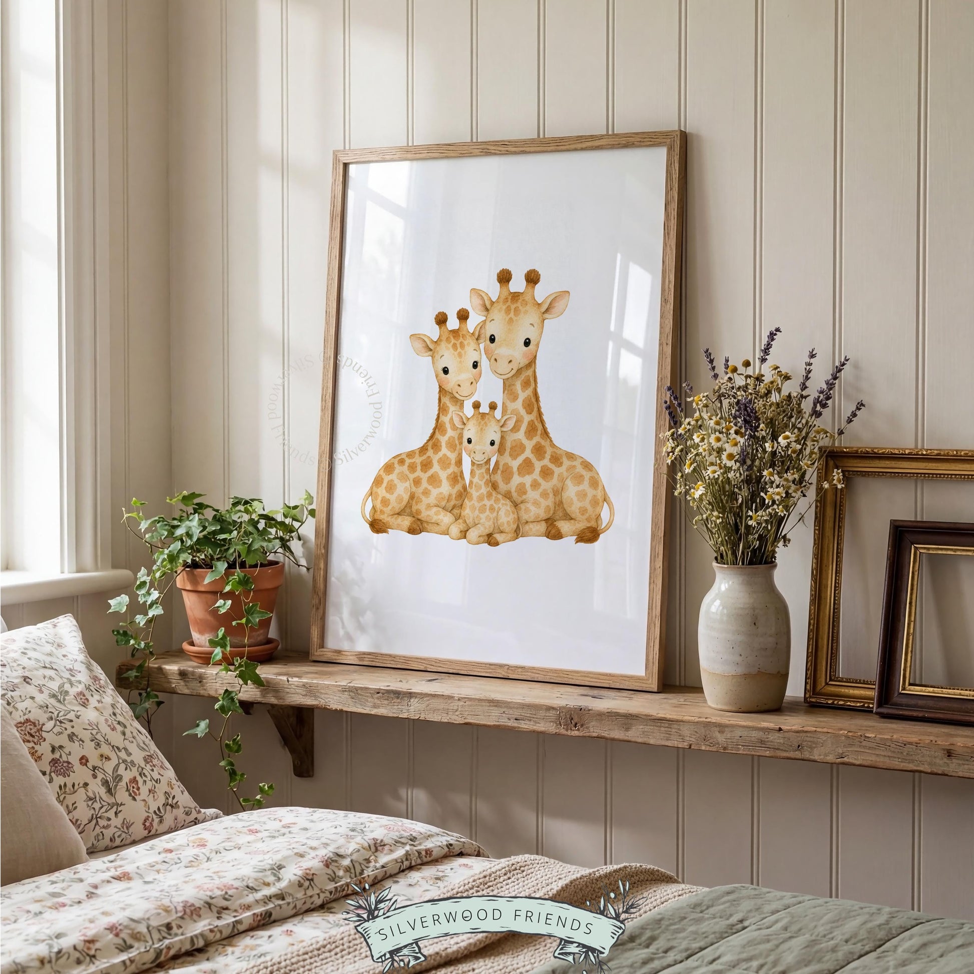 Baby giraffe wall art printable featuring parents and child on white background — sweet safari theme