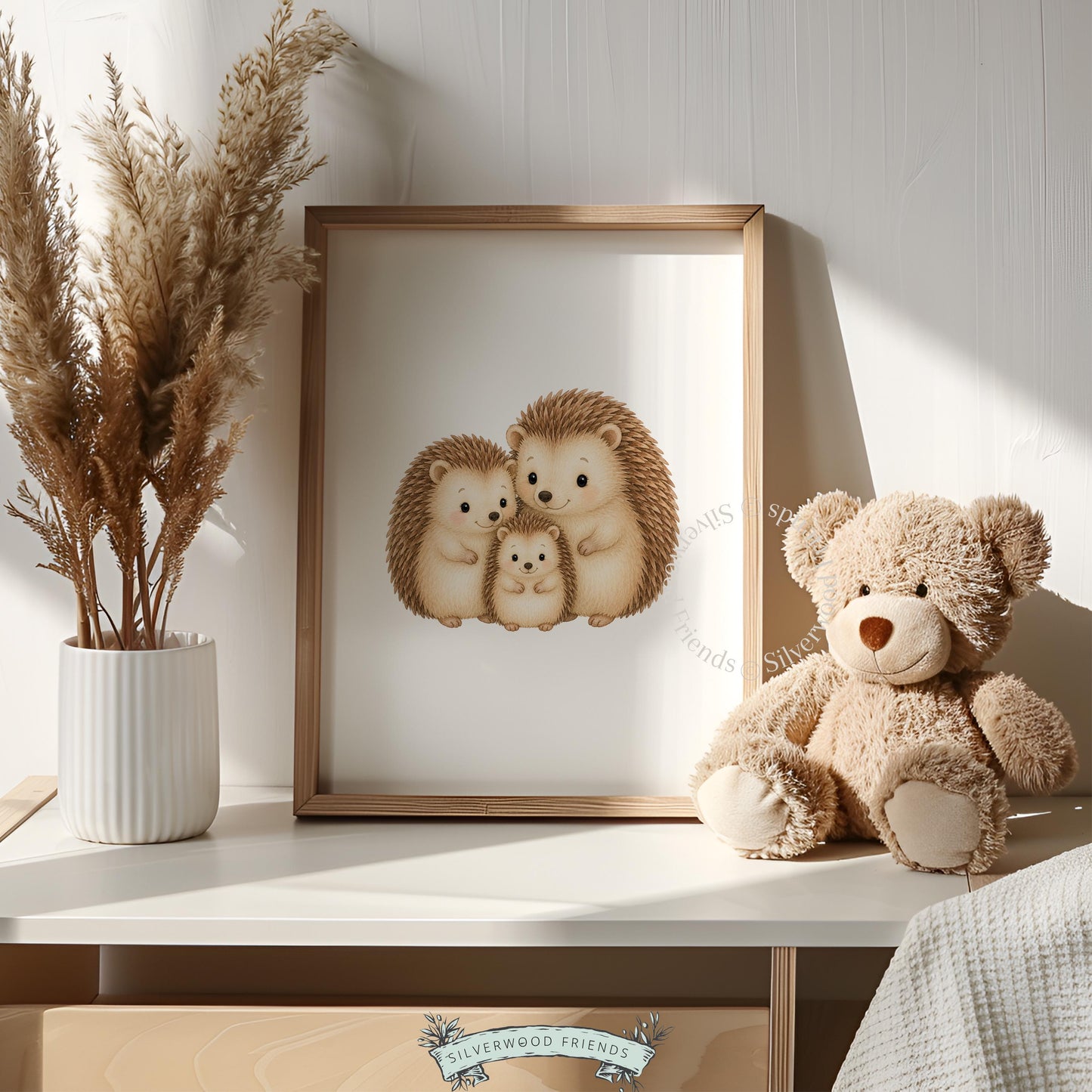 Parent hedgehogs with baby digital print for kids room — soft watercolor style neutral nursery wall art