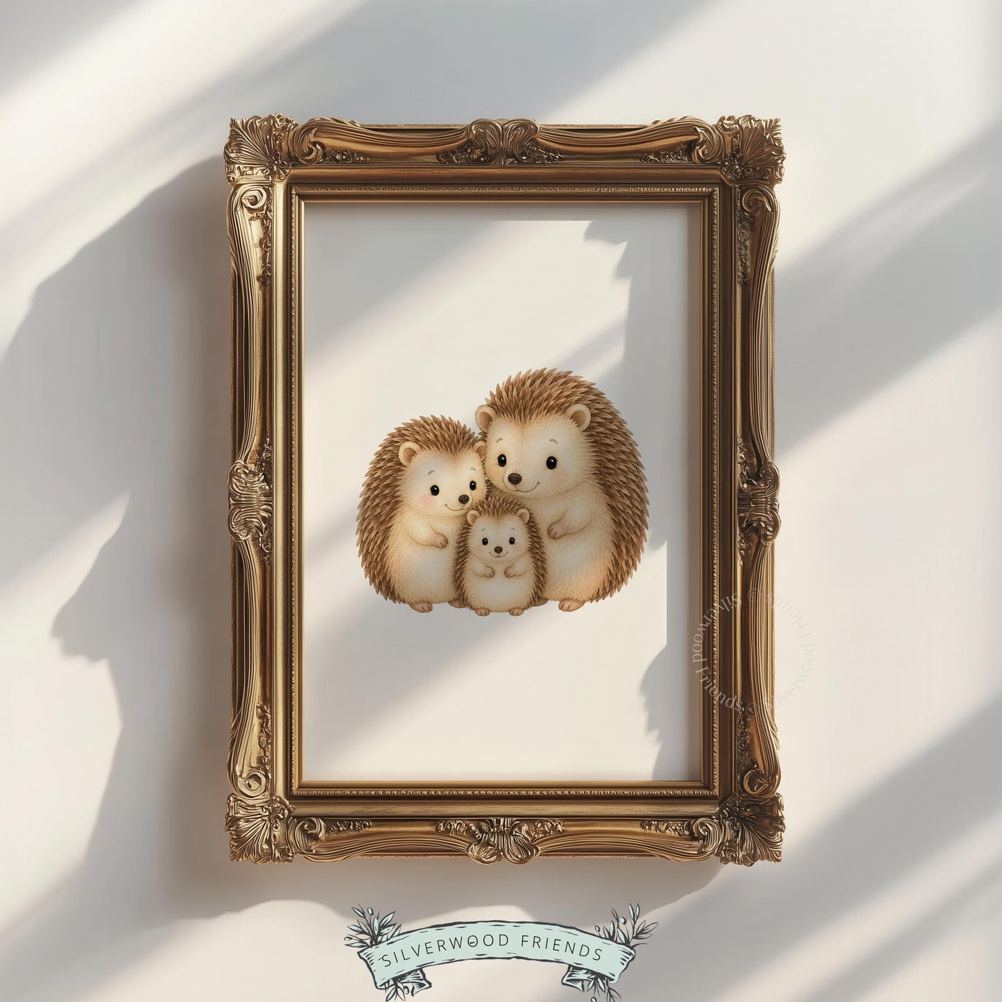 Cute hedgehog family picture for toddler room — gentle cream and brown forest animal artwork