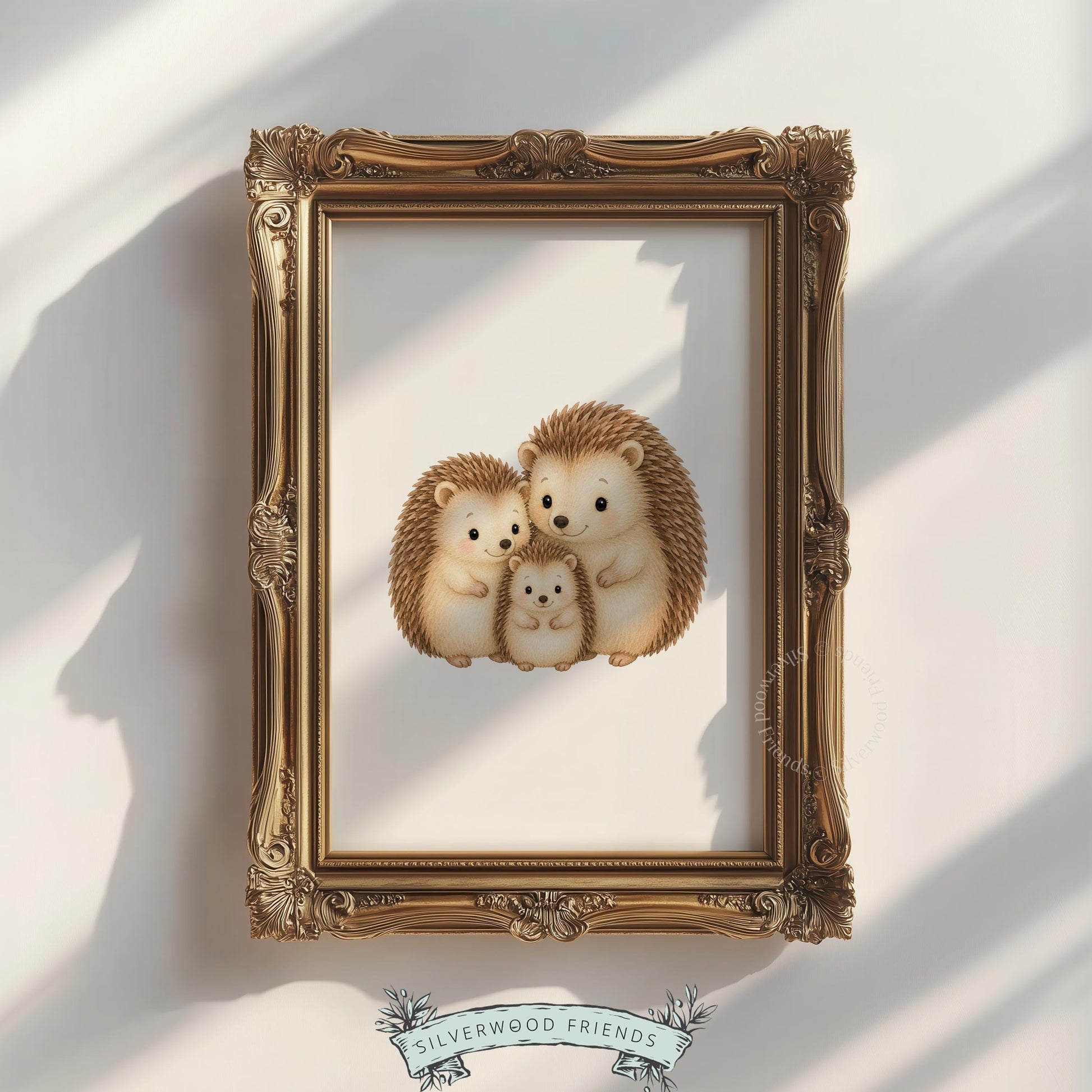Cute hedgehog family picture for toddler room — gentle cream and brown forest animal artwork