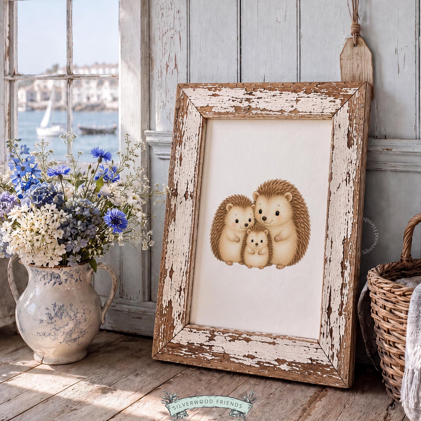 Snuggled hedgehog family digital art printable for kids bedroom — sweet forest animals in warm neutral tones