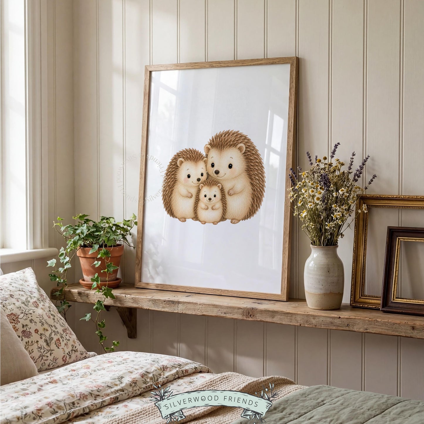 Baby hedgehog with parents digital print for neutral kids room — cozy illustrated forest family wall art